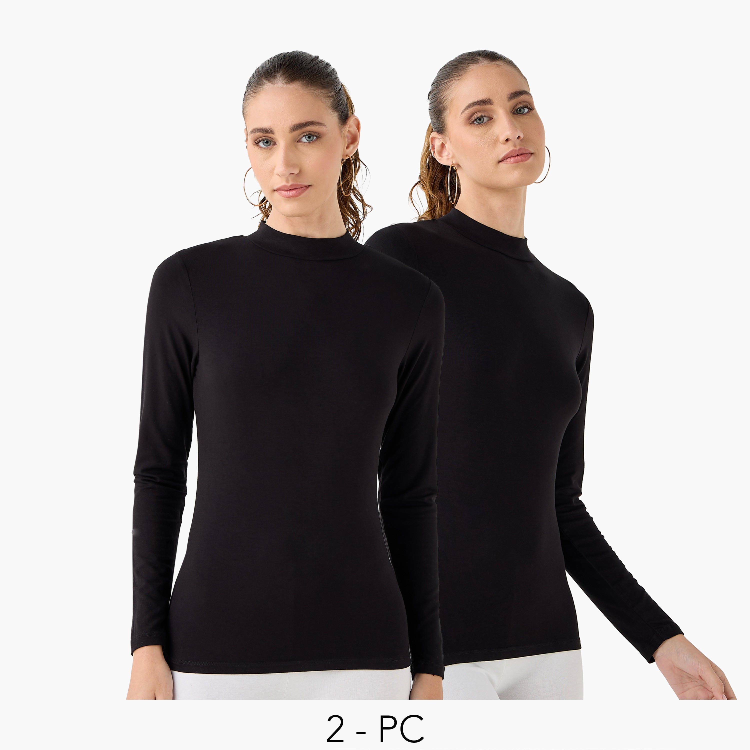 تيشيرت بياقة عالية وأكمام طويلة - عبوة من قطعتين-women-clothing-tshirts-image-1