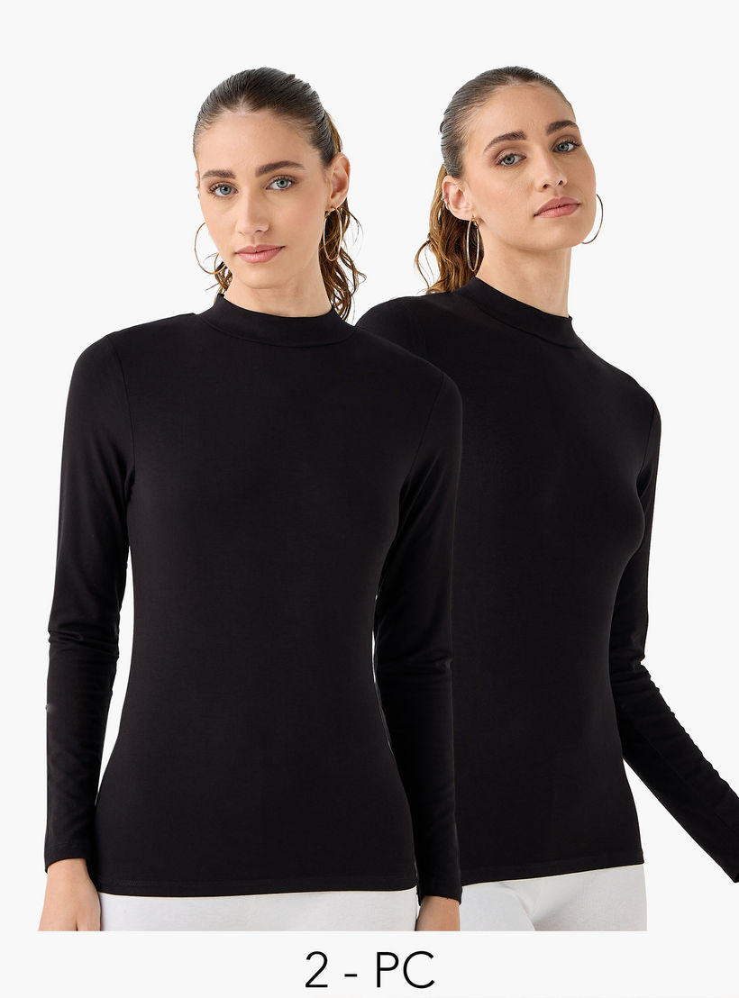 تيشيرت بياقة عالية وأكمام طويلة - عبوة من قطعتين-women-clothing-tshirts-image-1
