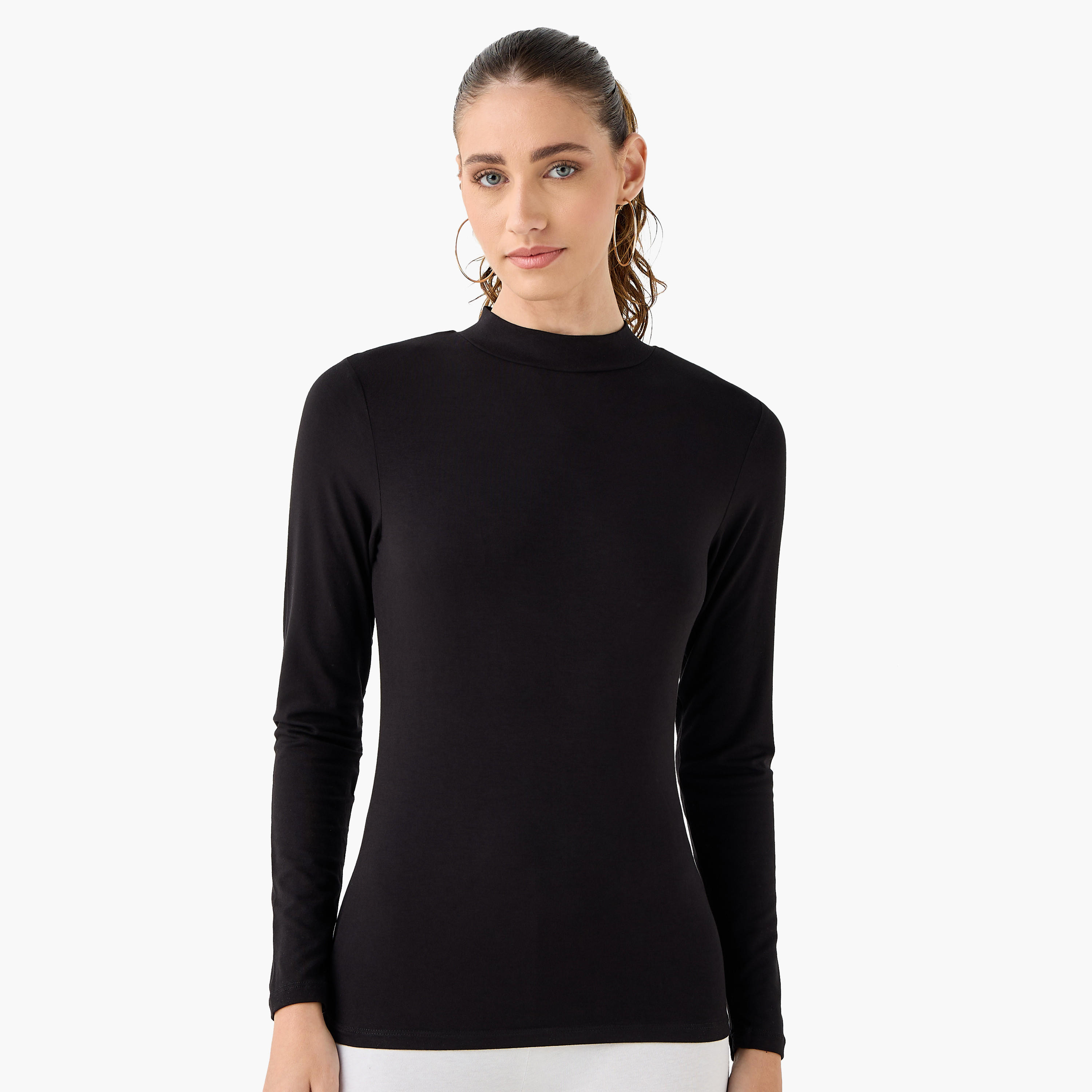تيشيرت بياقة عالية وأكمام طويلة - عبوة من قطعتين-women-clothing-tshirts-image-2