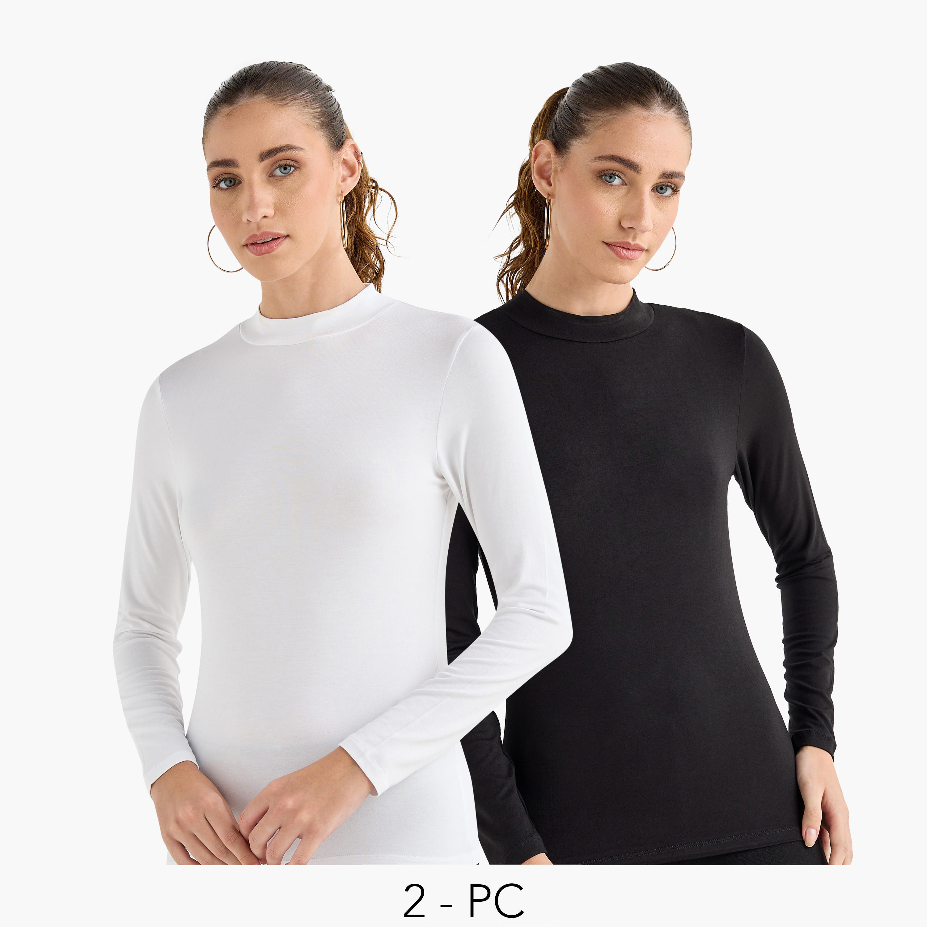 تيشيرت بياقة عالية وأكمام طويلة - عبوة من قطعتين-women-clothing-tshirts-image-1