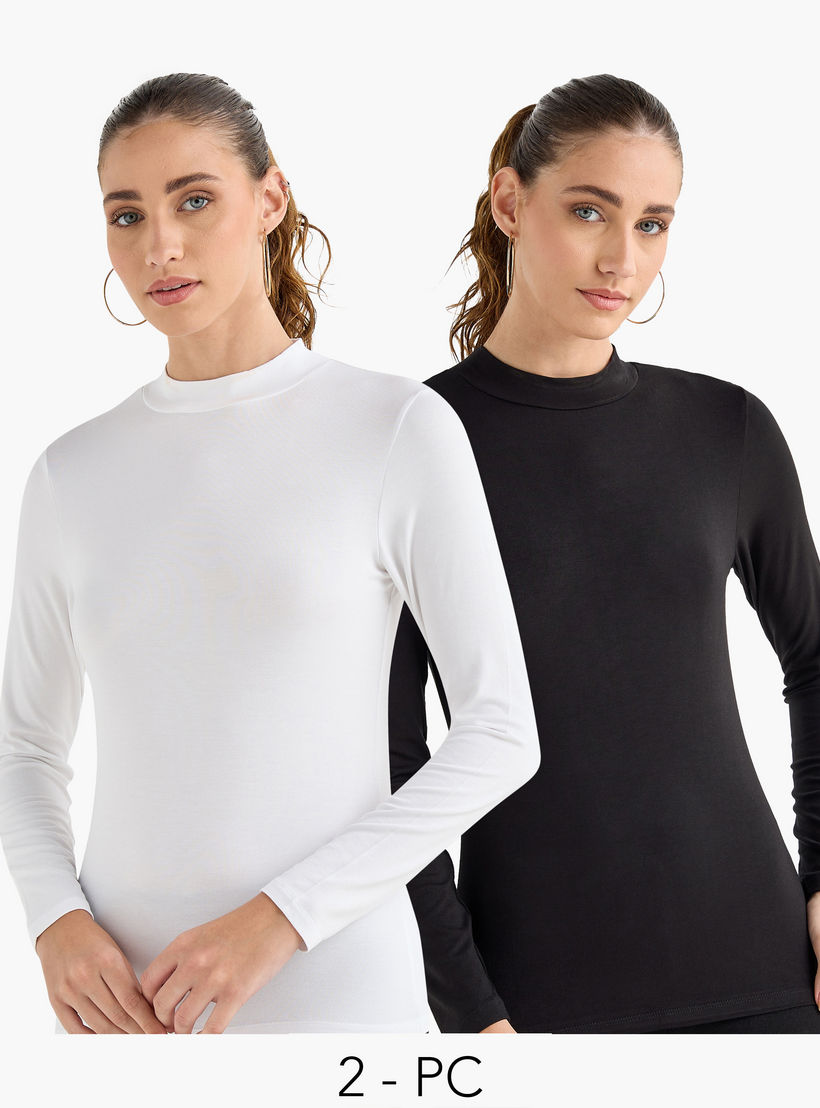 تيشيرت بياقة عالية وأكمام طويلة - عبوة من قطعتين-women-clothing-tshirts-image-1