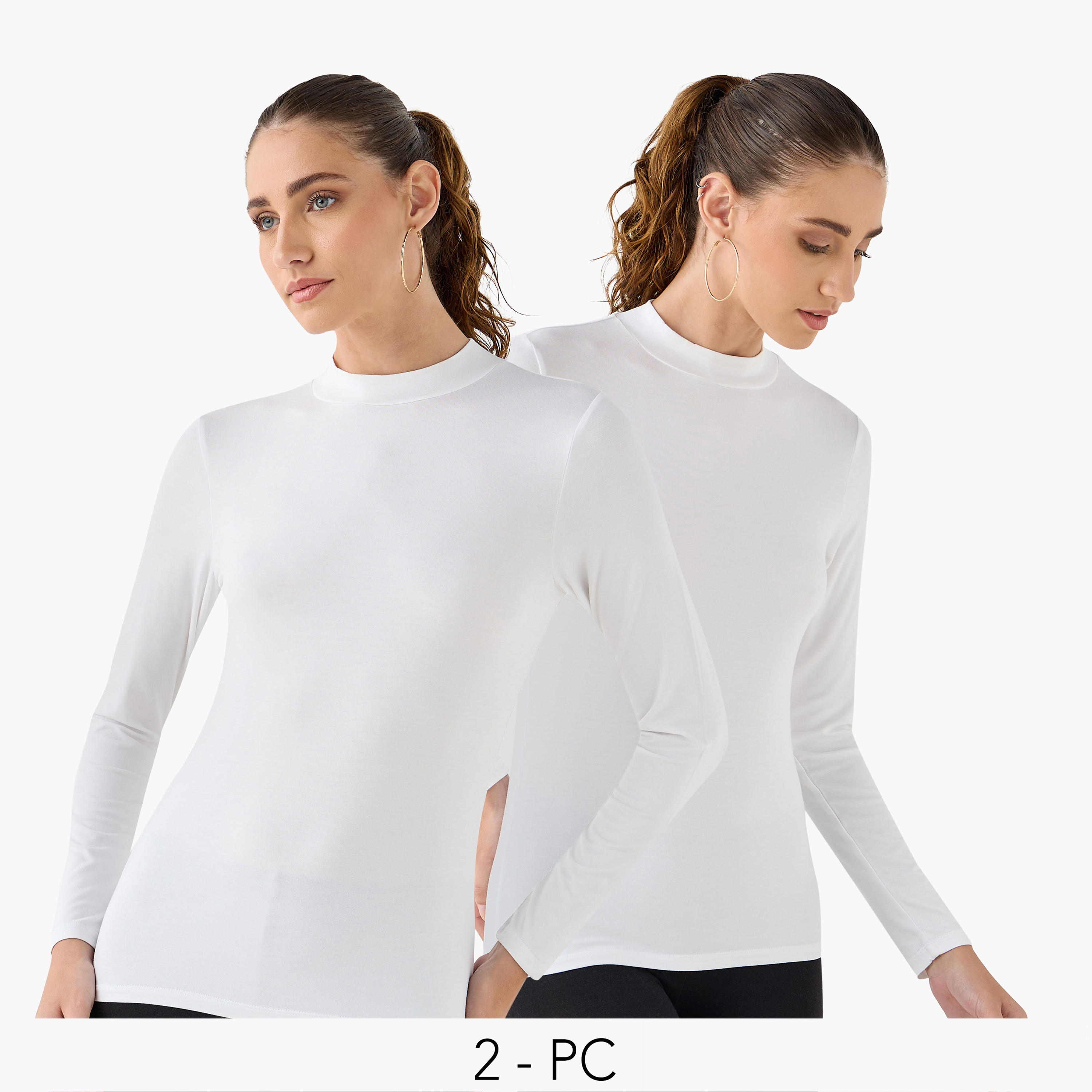تيشيرت بياقة عالية وأكمام طويلة - عبوة من قطعتين-women-clothing-tshirts-image-1