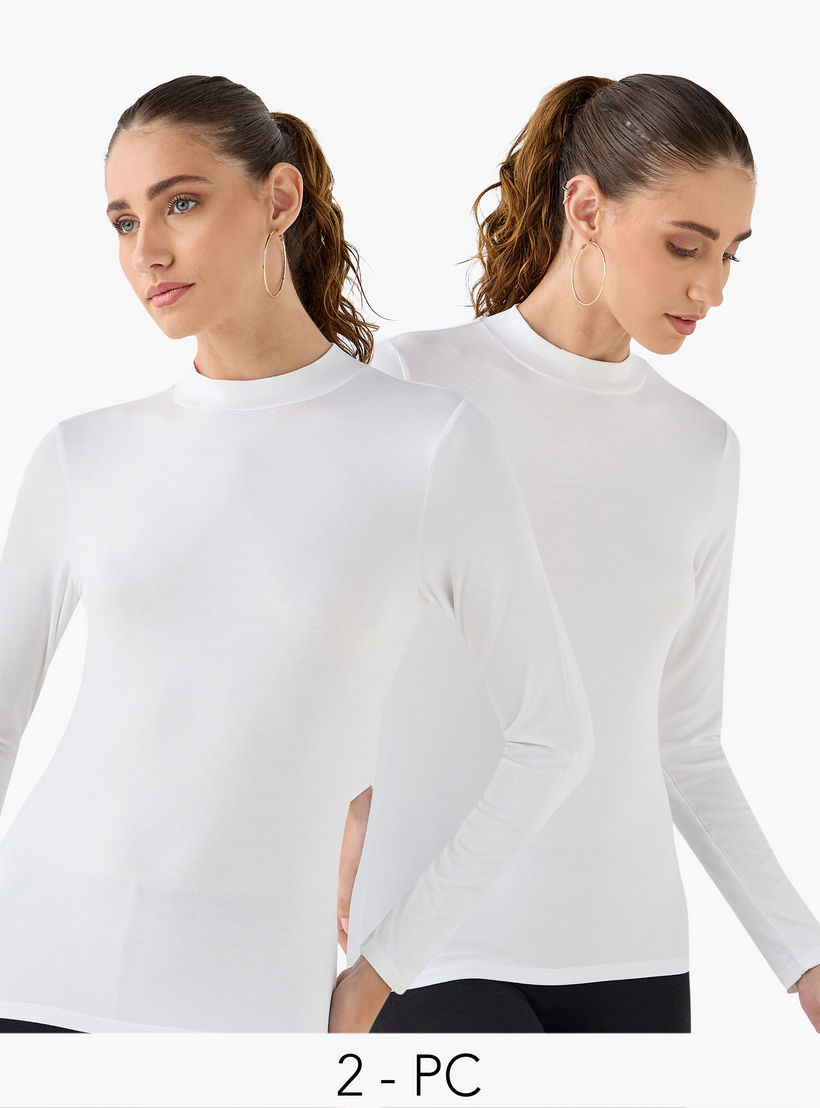 تيشيرت بياقة عالية وأكمام طويلة - عبوة من قطعتين-women-clothing-tshirts-image-1