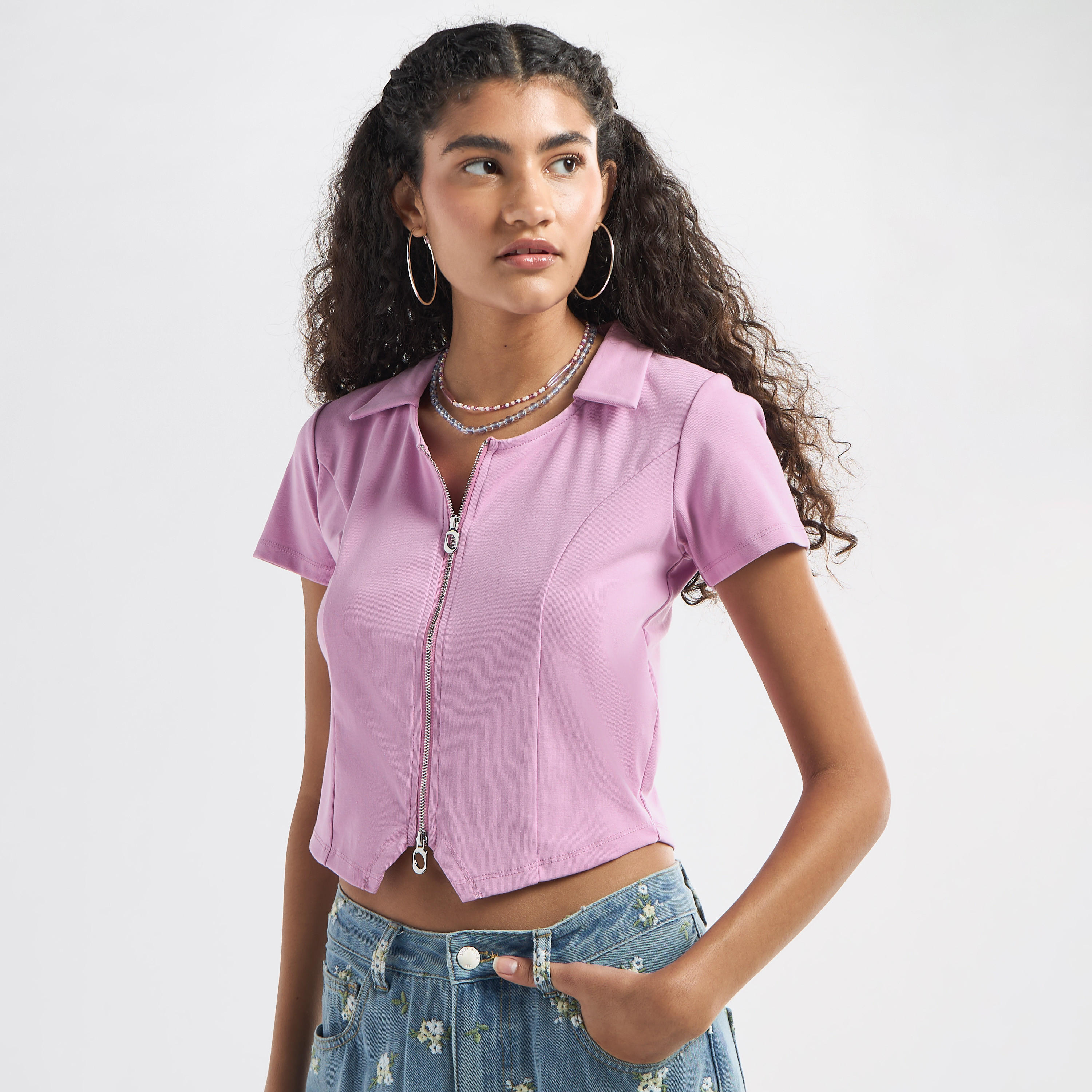 Collared Neck Zip Detail Crop Top -women-clothing-shirtsandblouses-blouses-image-1