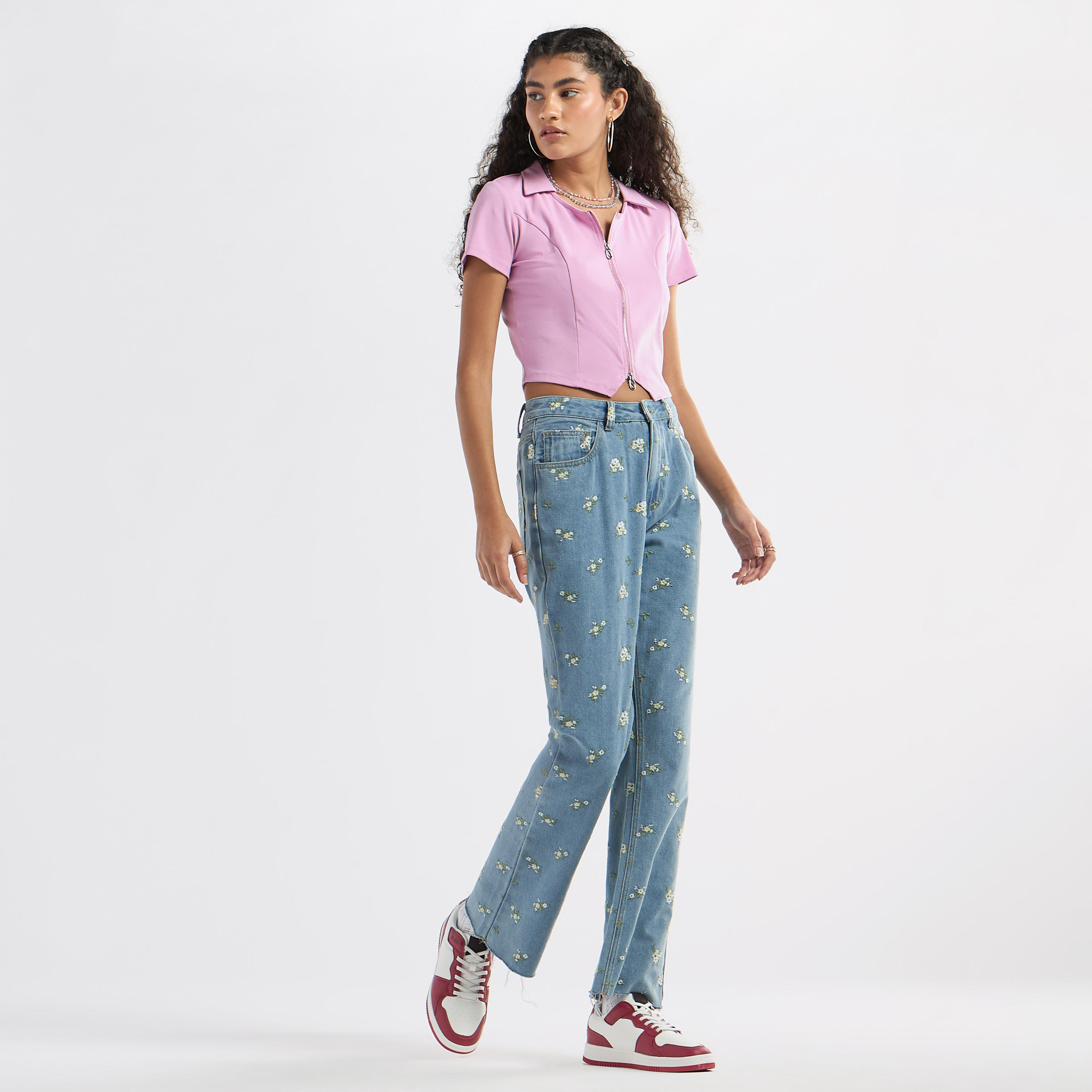 Collared Neck Zip Detail Crop Top -women-clothing-shirtsandblouses-blouses-image-2