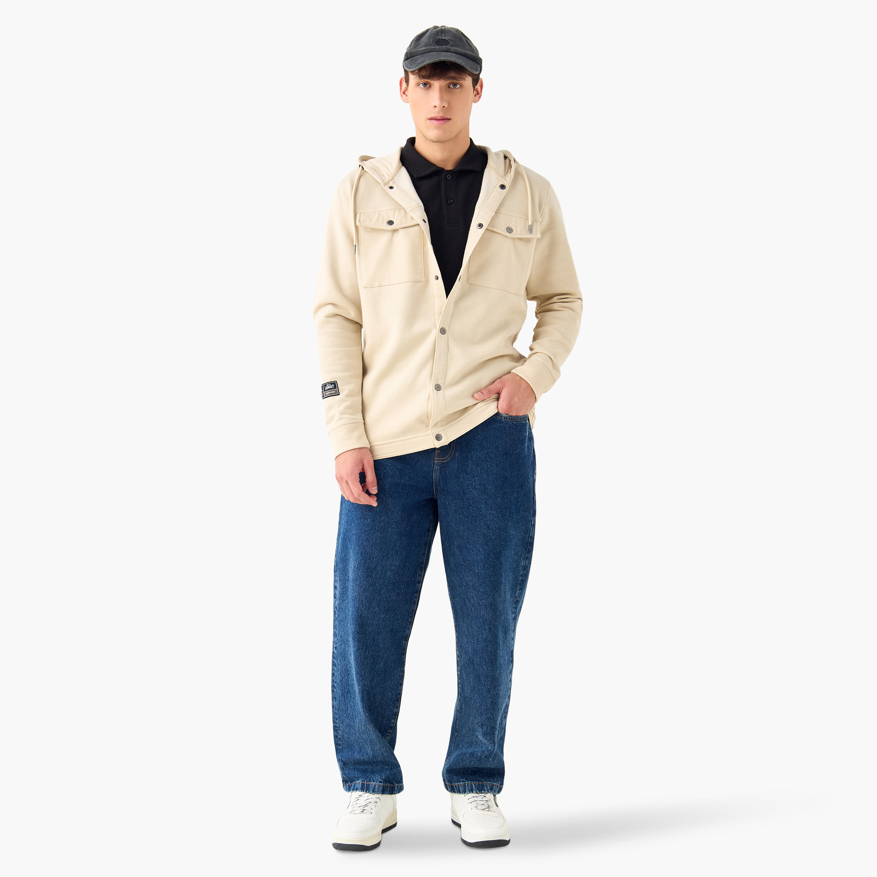 قميص بارز الملمس بجيوب على الصدر وقبعة-men-clothing-shirts-image-12