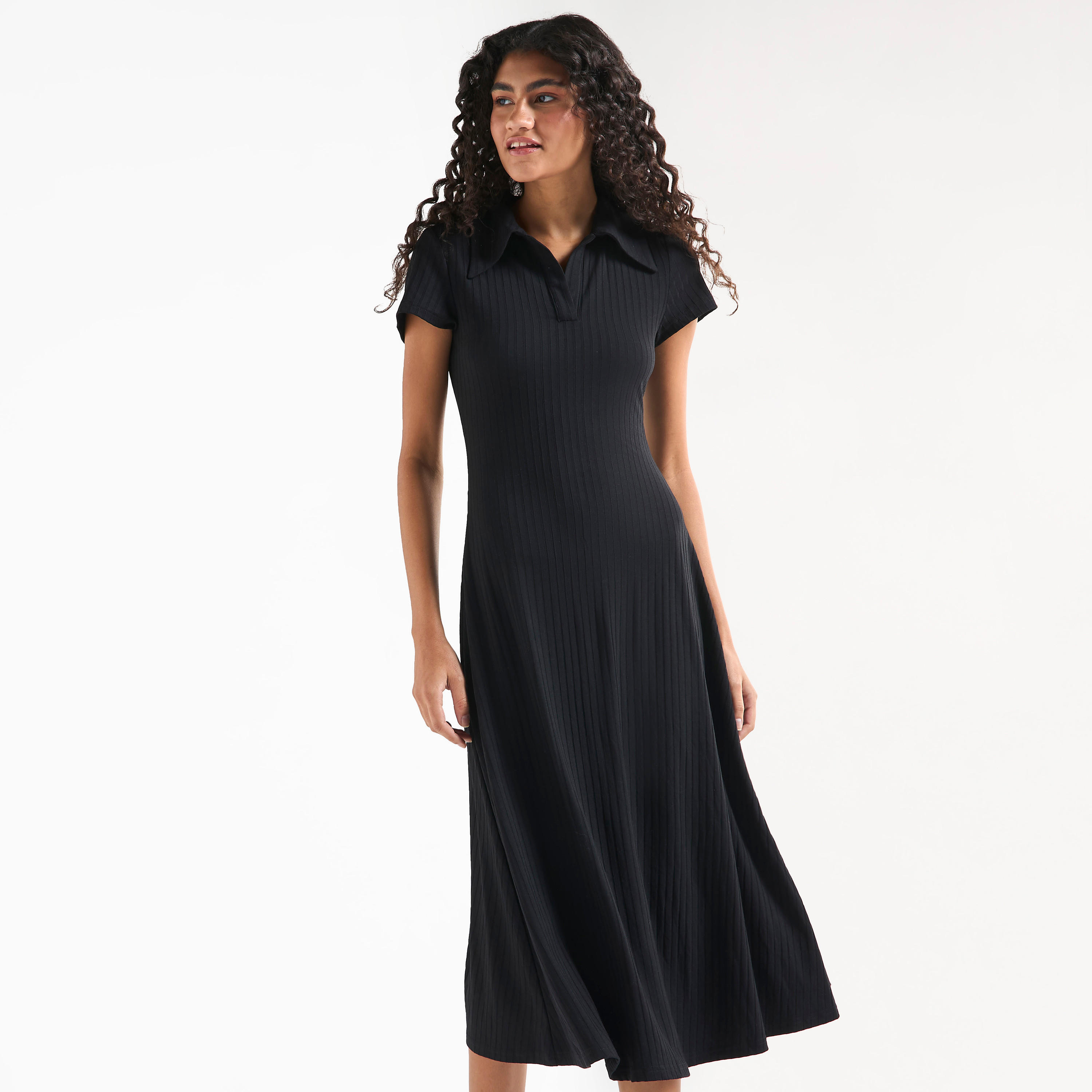 Ribbed Midi T-shirt Dress with Collar and Short Sleeves-women-clothing-dresses-image-1