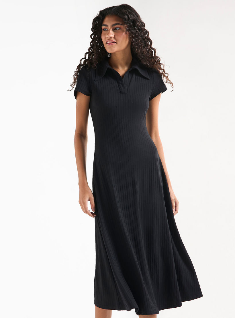 Ribbed Midi T-shirt Dress with Collar and Short Sleeves-women-clothing-dresses-image-1