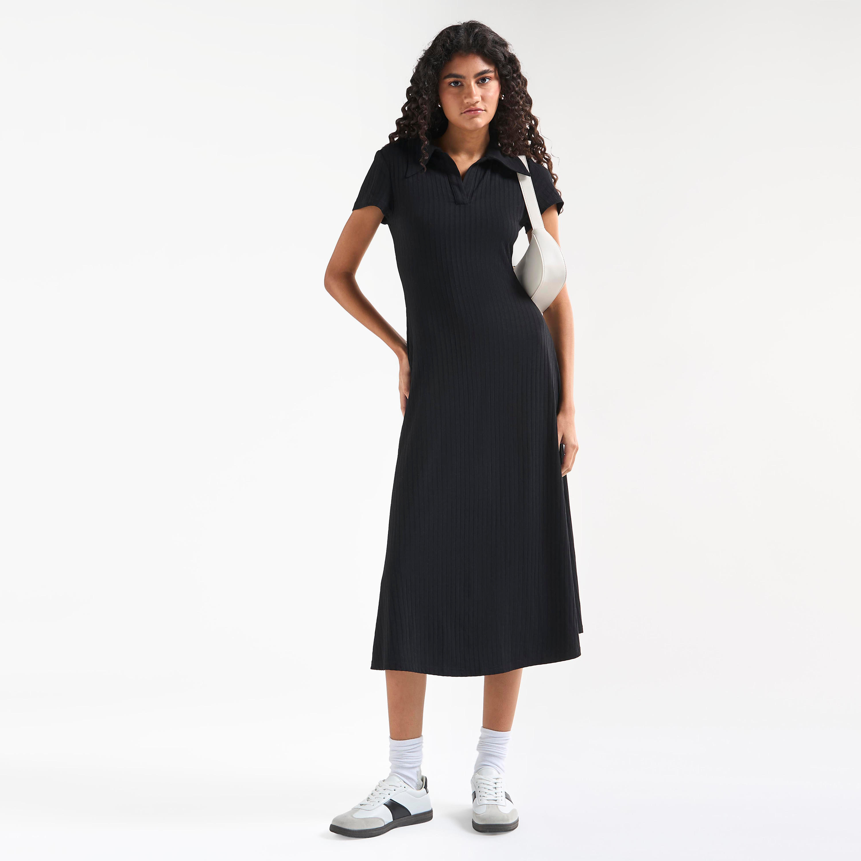 Ribbed Midi T-shirt Dress with Collar and Short Sleeves-women-clothing-dresses-image-2