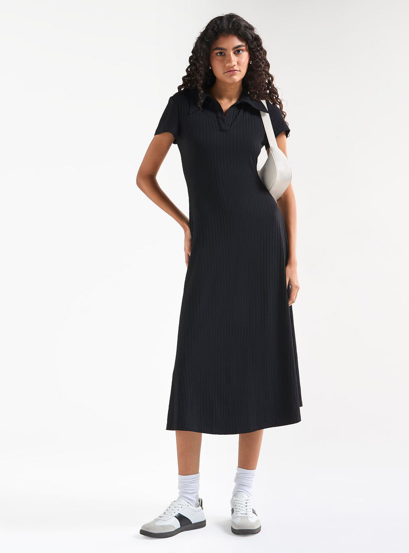 Ribbed Midi T-shirt Dress with Collar and Short Sleeves-women-clothing-dresses-image-2