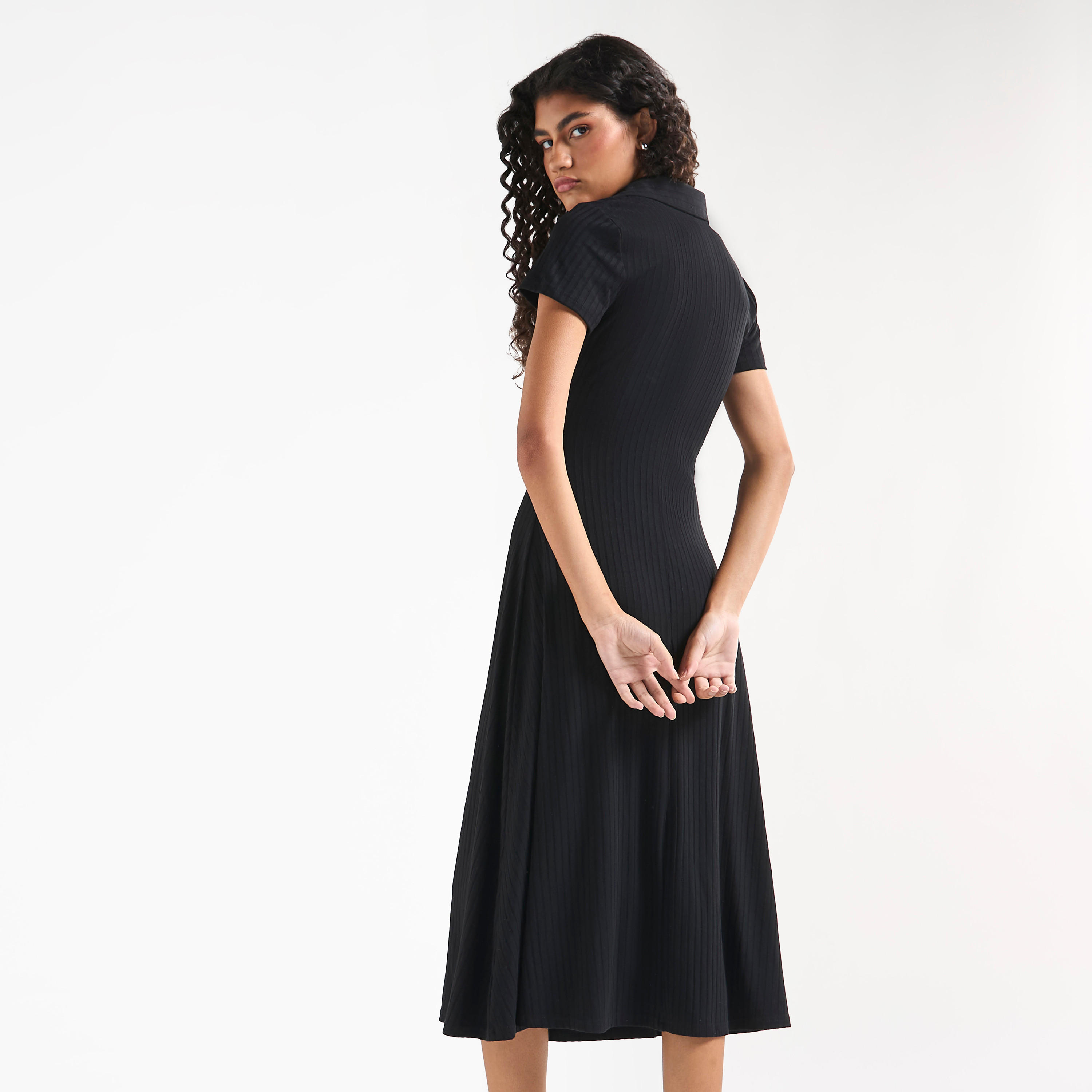 Ribbed Midi T-shirt Dress with Collar and Short Sleeves-women-clothing-dresses-image-3
