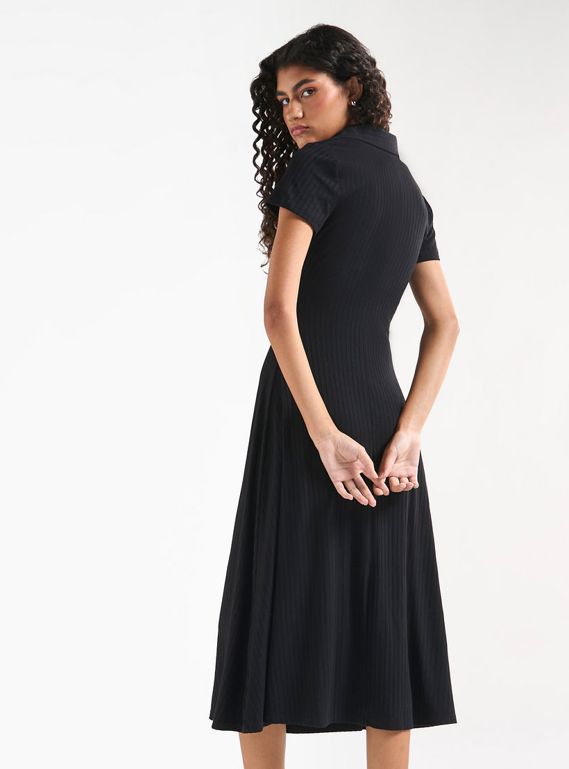 Ribbed Midi T-shirt Dress with Collar and Short Sleeves-women-clothing-dresses-image-3