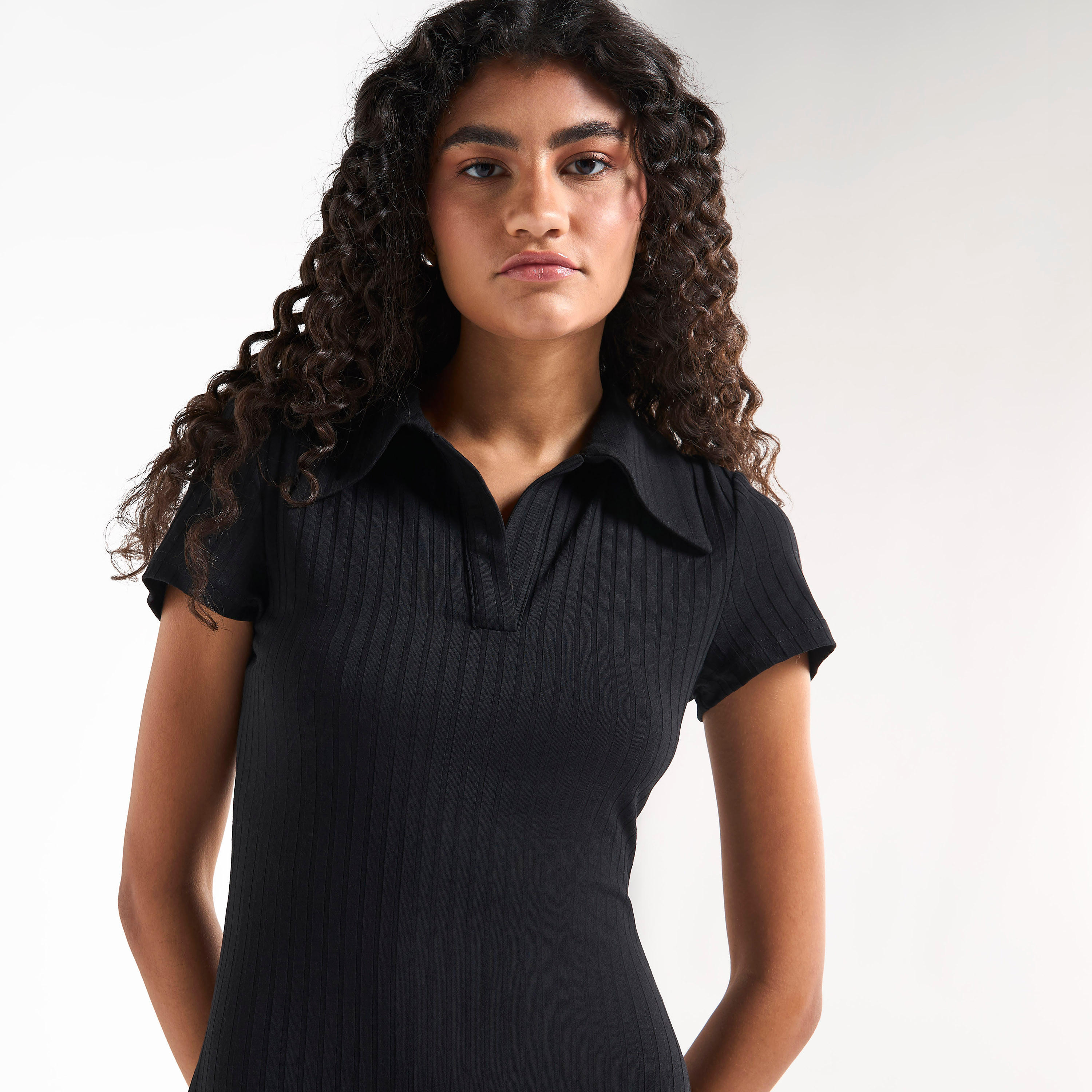 Ribbed Midi T-shirt Dress with Collar and Short Sleeves-women-clothing-dresses-image-4