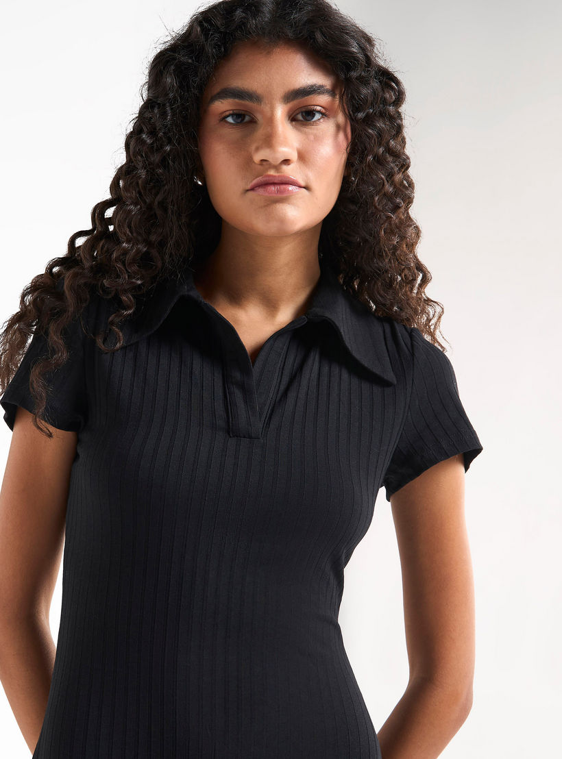 Ribbed Midi T-shirt Dress with Collar and Short Sleeves-women-clothing-dresses-image-4