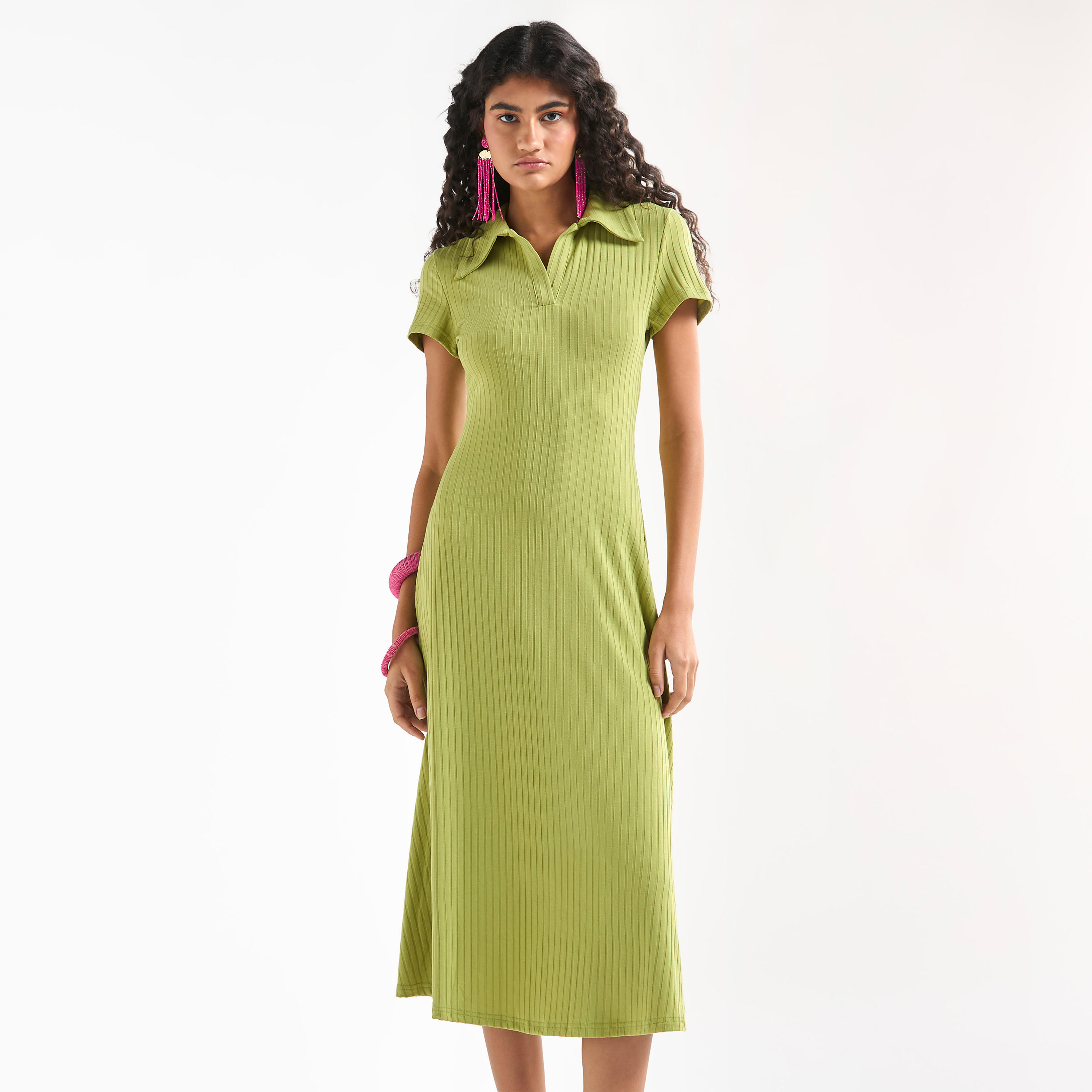 فستان تيشيرت ميدي مضلع بياقة وأكمام قصيرة-women-clothing-dresses-image-1