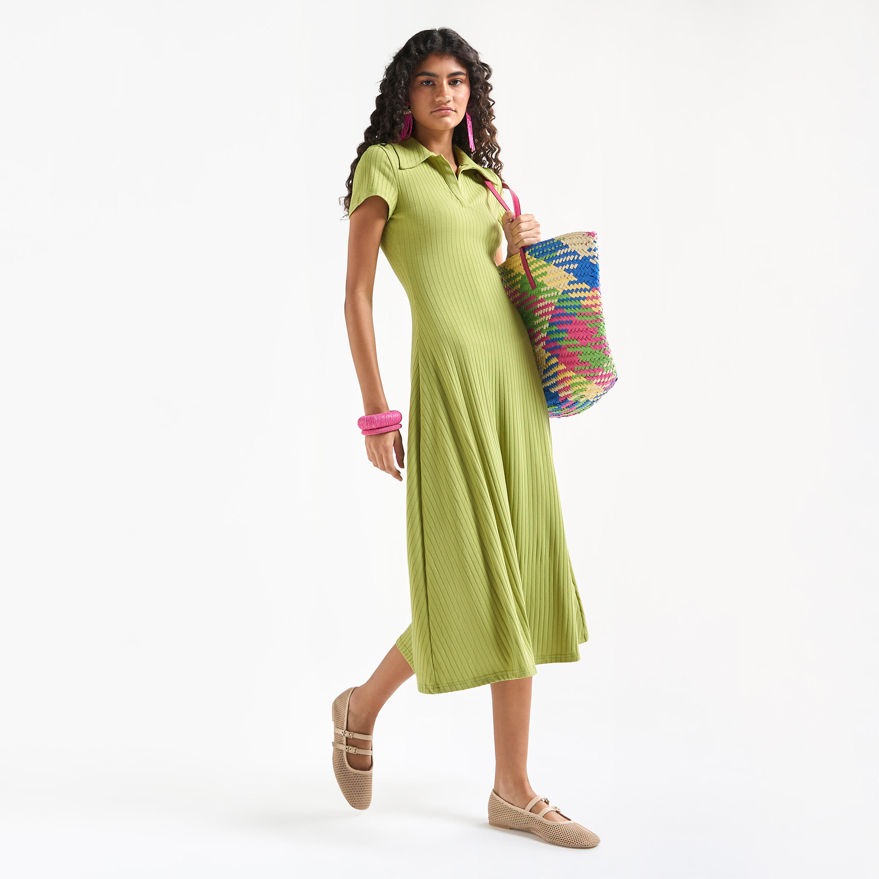 فستان تيشيرت ميدي مضلع بياقة وأكمام قصيرة-women-clothing-dresses-image-2