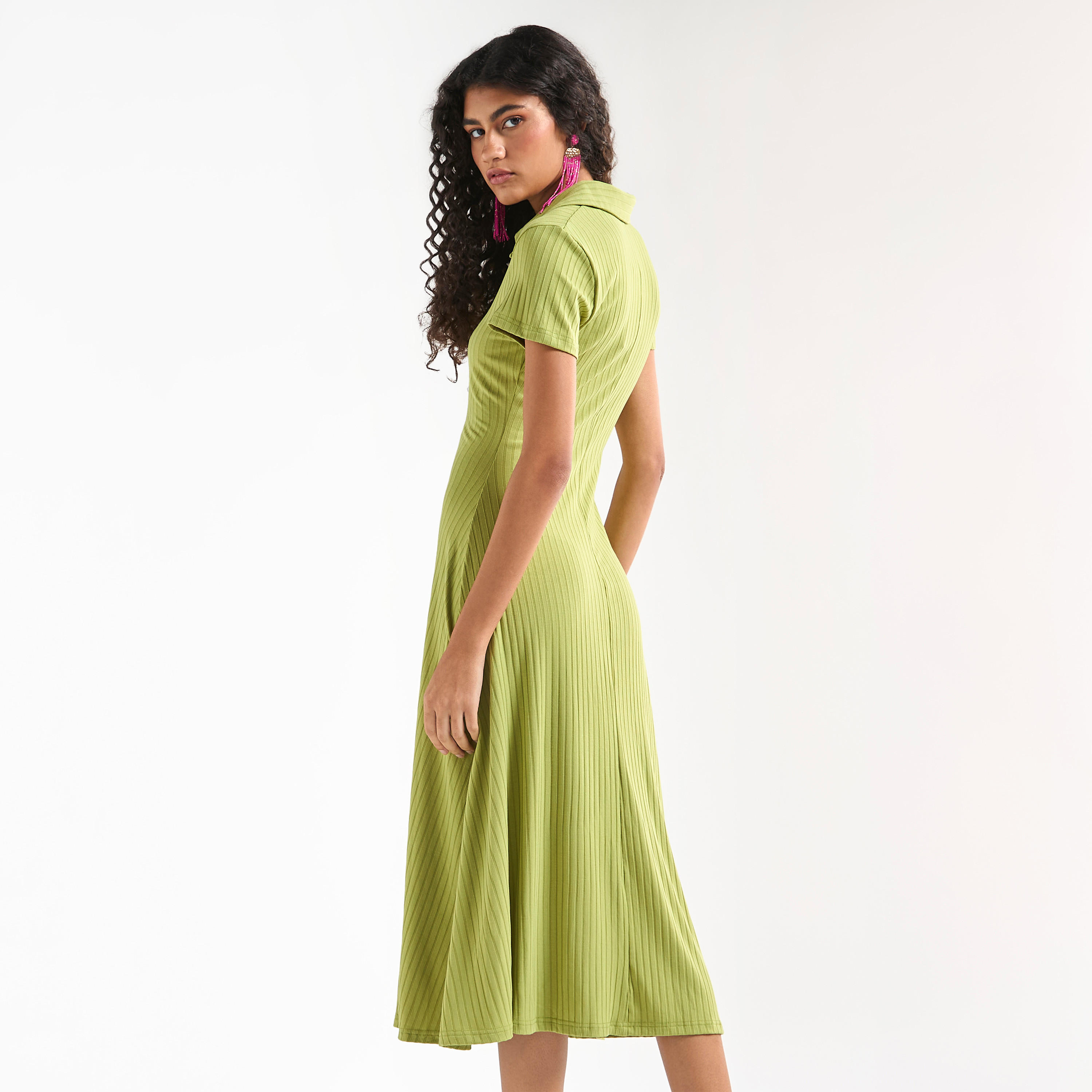 فستان تيشيرت ميدي مضلع بياقة وأكمام قصيرة-women-clothing-dresses-image-3