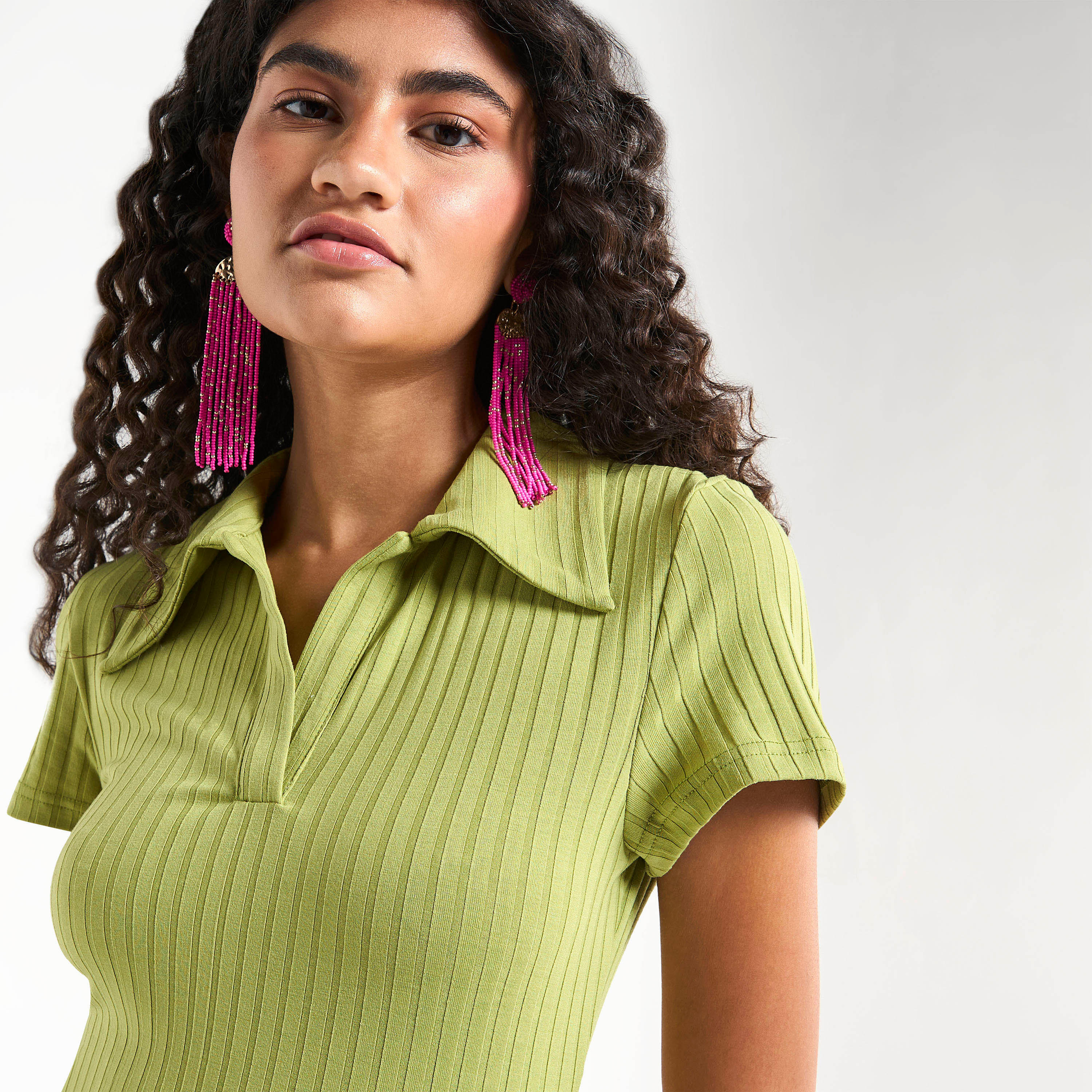 فستان تيشيرت ميدي مضلع بياقة وأكمام قصيرة-women-clothing-dresses-image-4