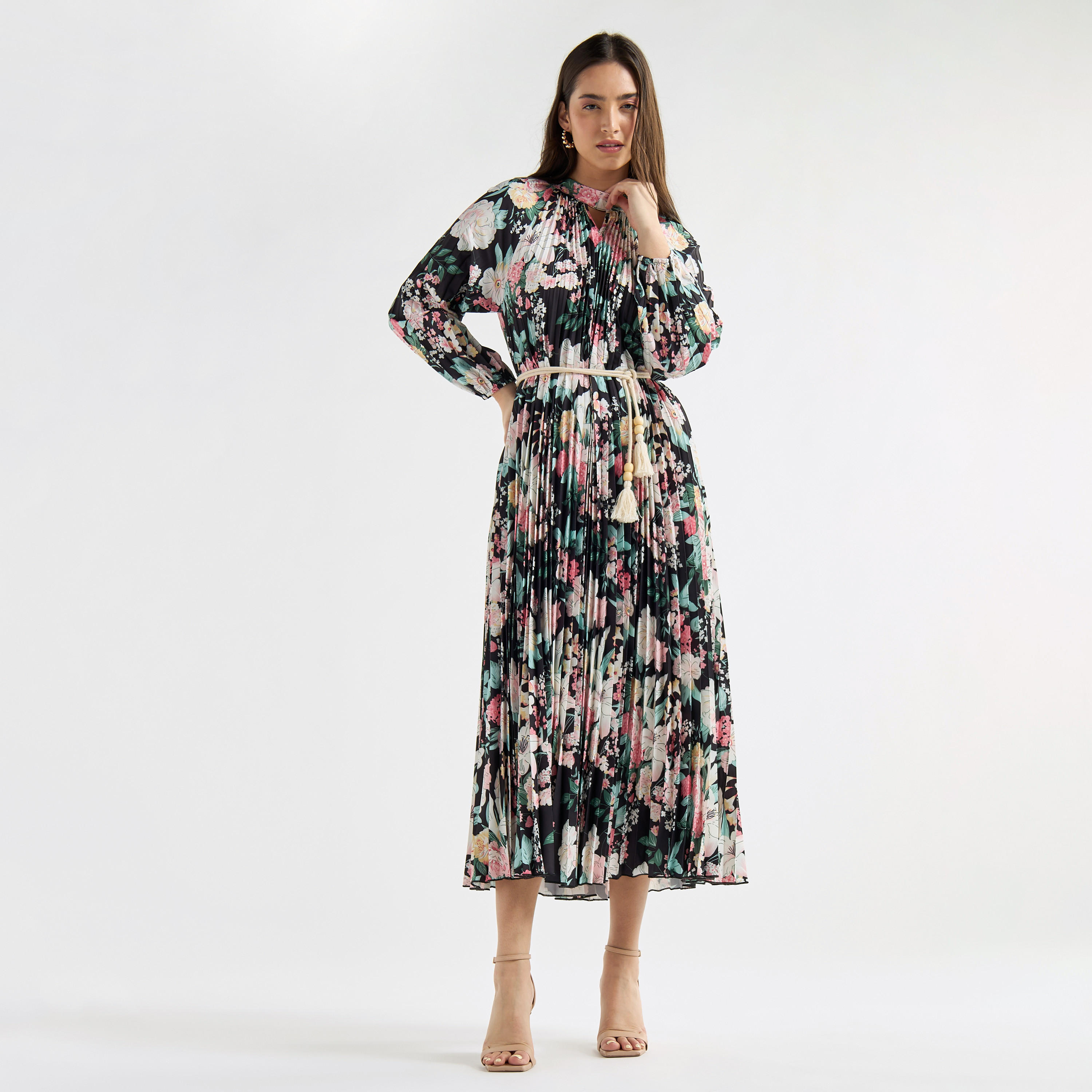 فستان إيه لاين بياقة عالية وأكمام طويلة وطبعات أزهار-women-clothing-dresses-image-1