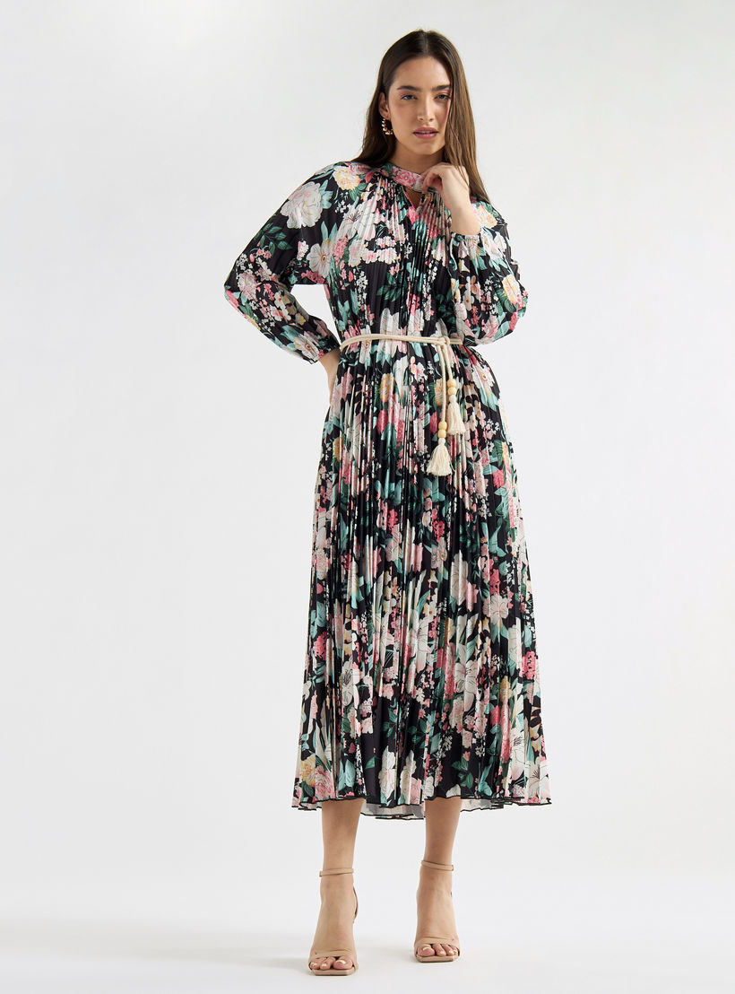 فستان إيه لاين بياقة عالية وأكمام طويلة وطبعات أزهار-women-clothing-dresses-image-1