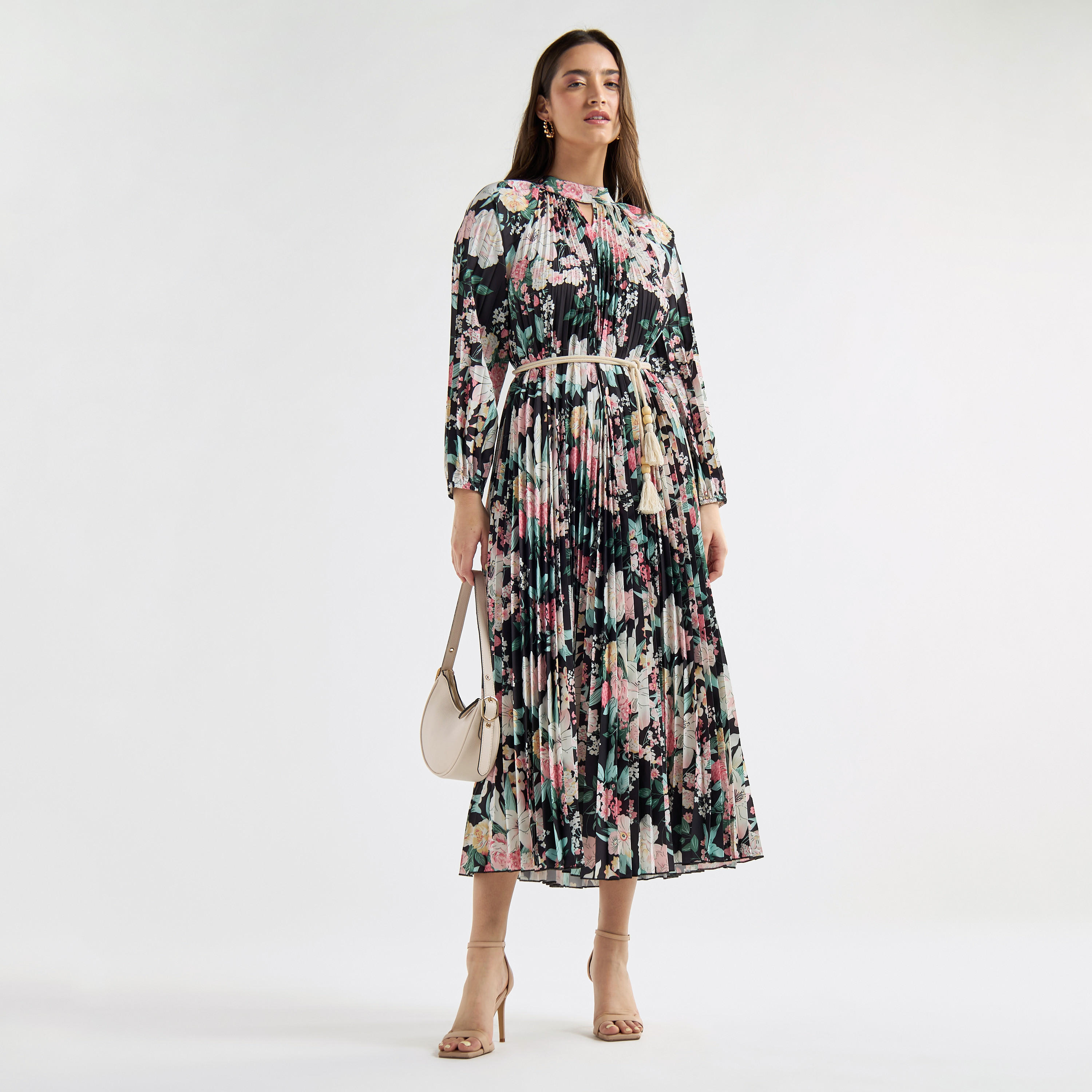 فستان إيه لاين بياقة عالية وأكمام طويلة وطبعات أزهار-women-clothing-dresses-image-2