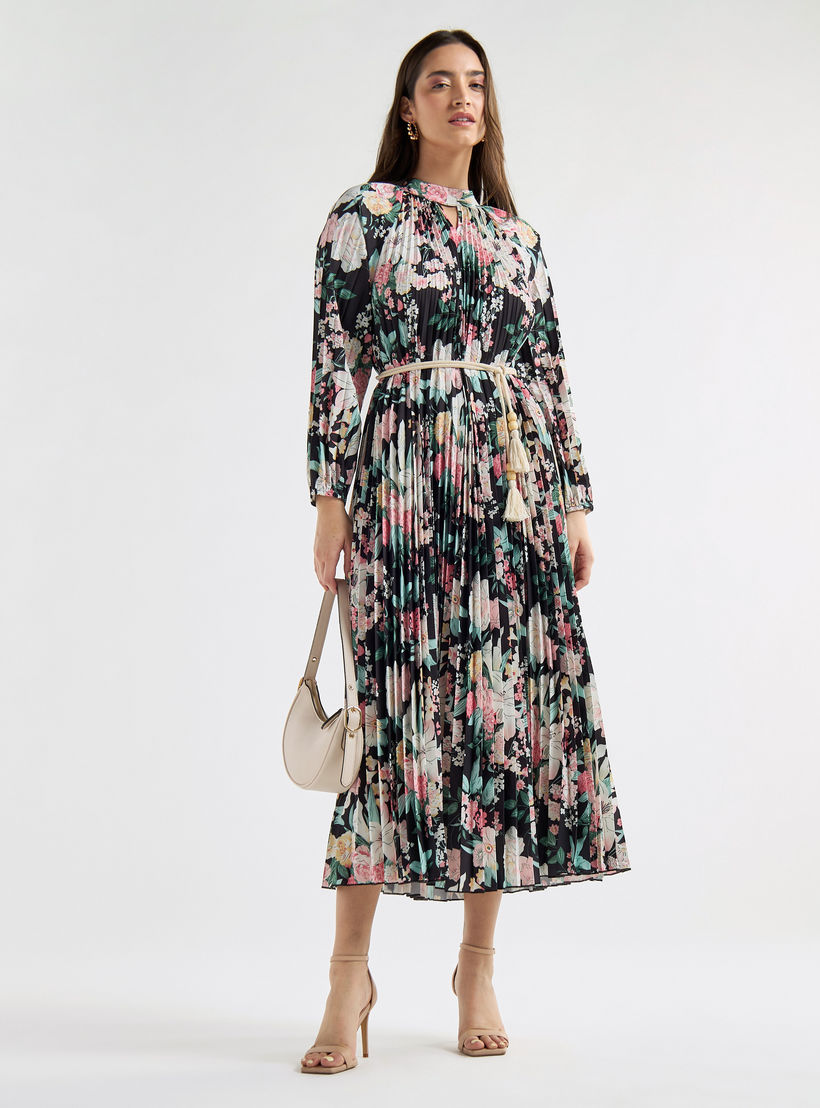 فستان إيه لاين بياقة عالية وأكمام طويلة وطبعات أزهار-women-clothing-dresses-image-2