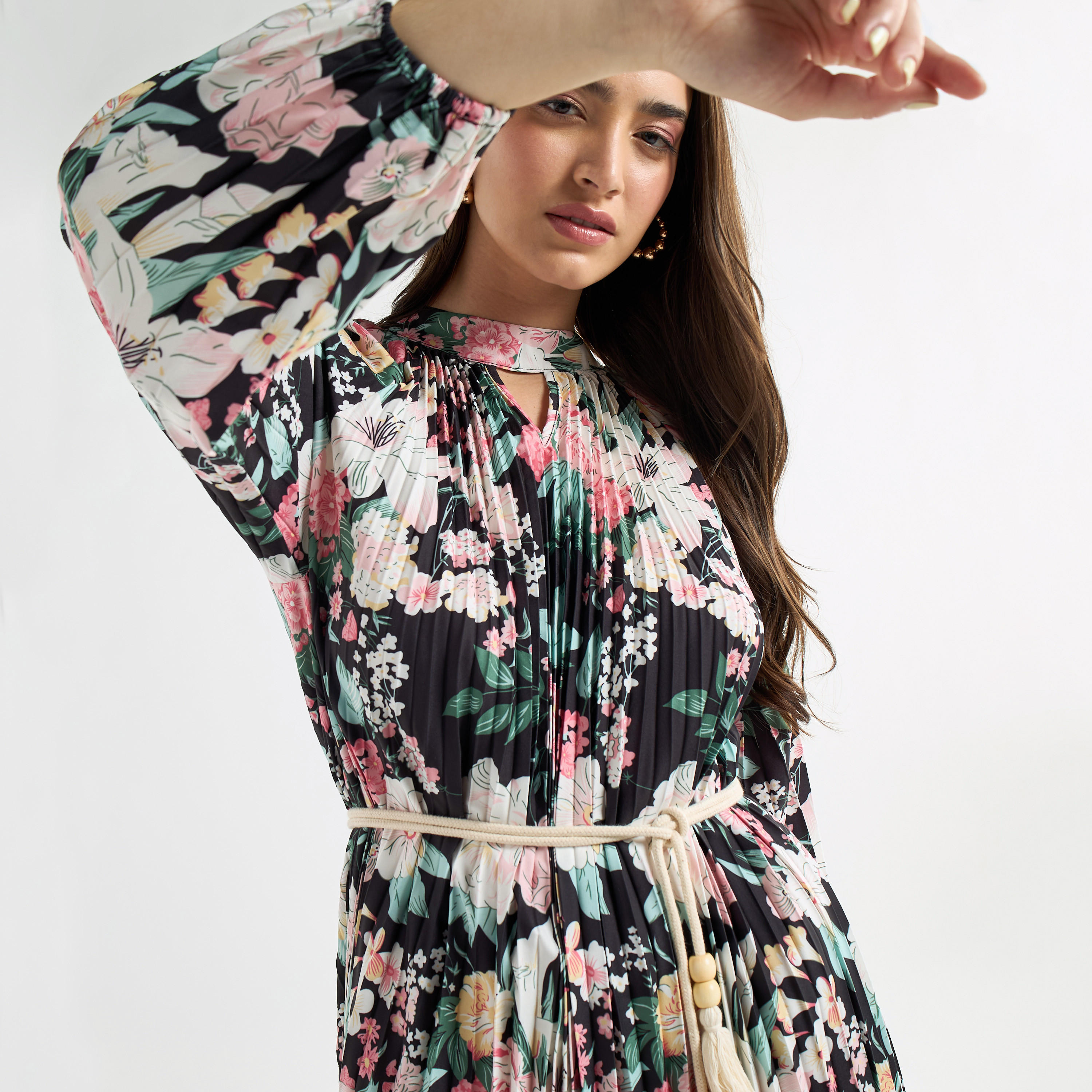 فستان إيه لاين بياقة عالية وأكمام طويلة وطبعات أزهار-women-clothing-dresses-image-3