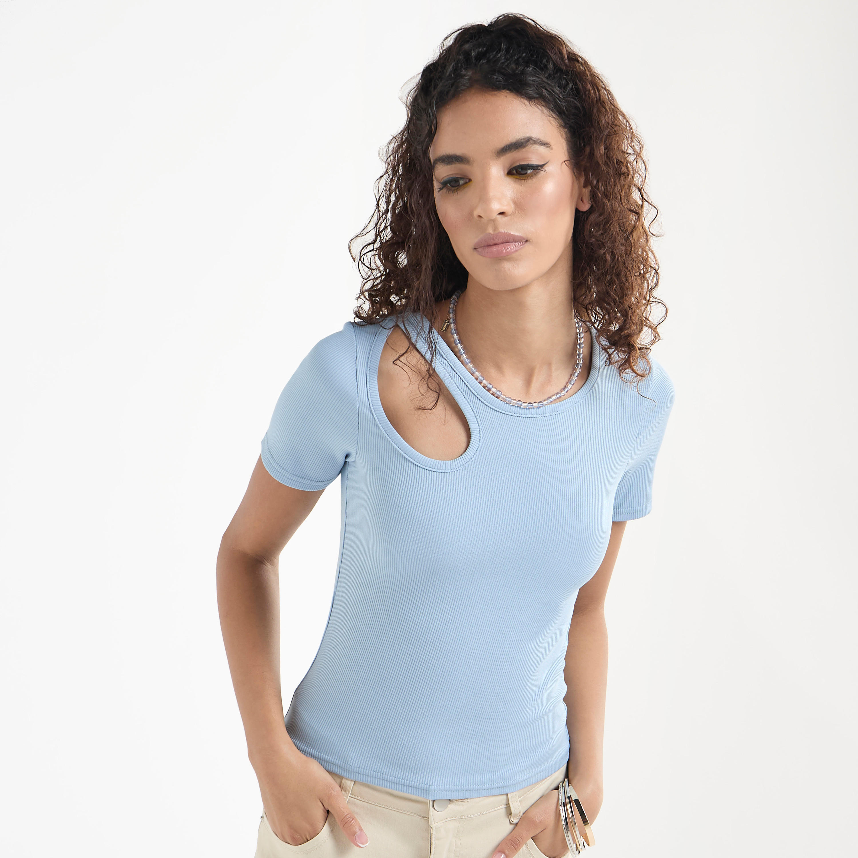 Ribbed Crew Neck Top with Cutout Detail and Short Sleeves-women-clothing-tshirts-image-1