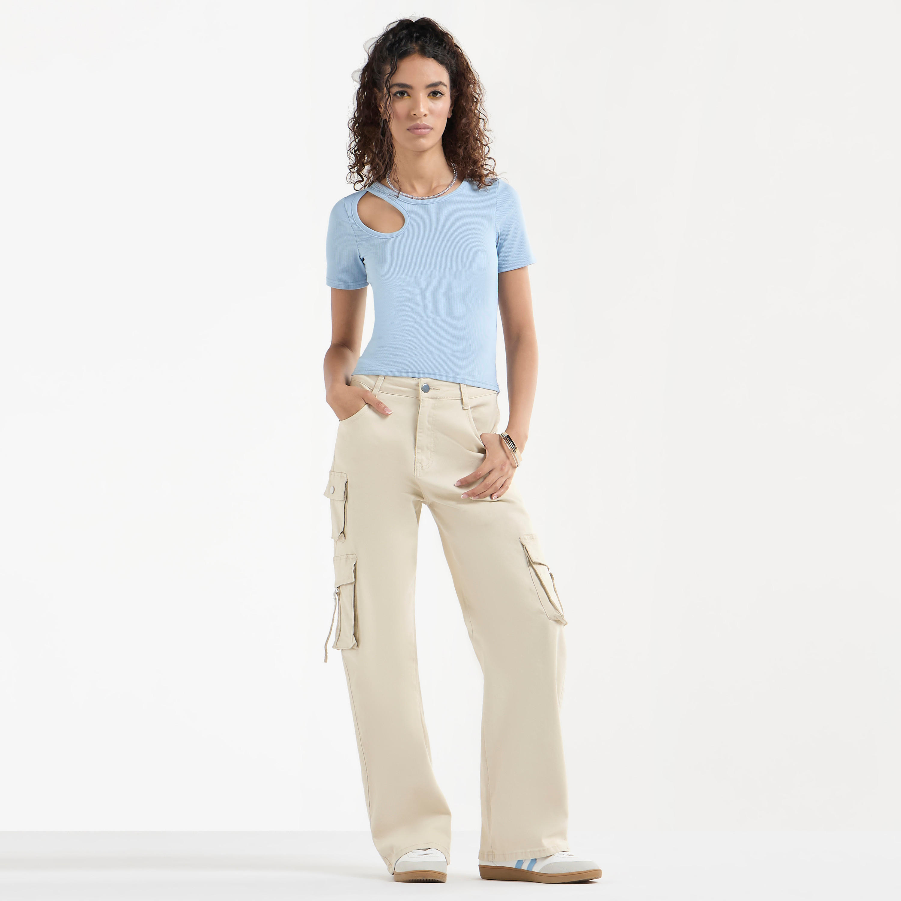 Ribbed Crew Neck Top with Cutout Detail and Short Sleeves-women-clothing-tshirts-image-2