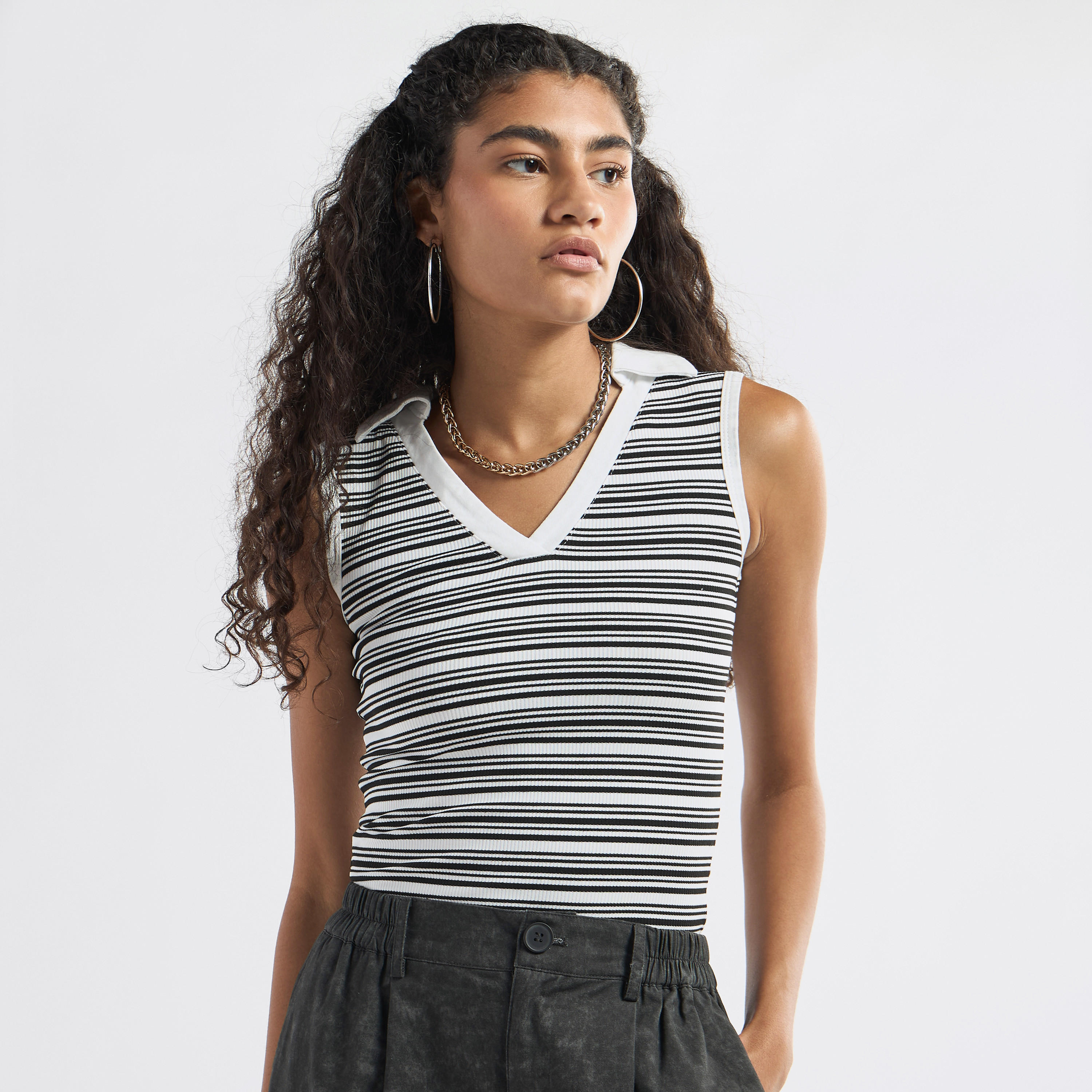 Striped Collared Sleeveless Top-women-clothing-tshirts-image-9