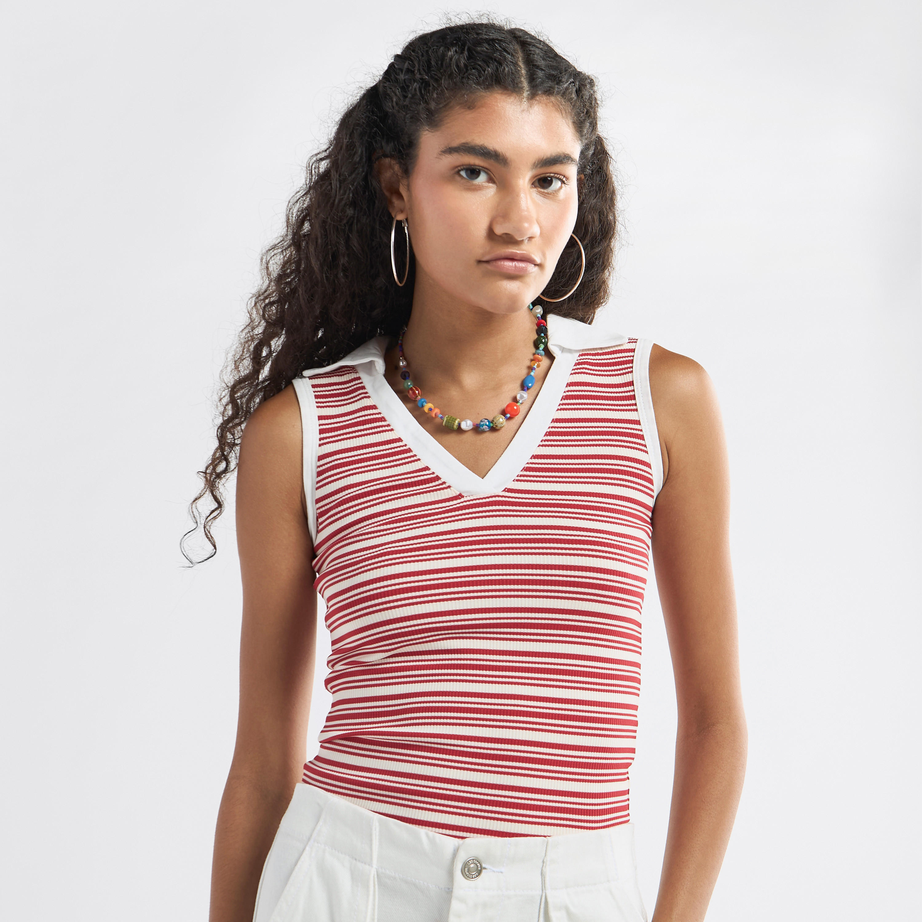 Striped Collared Sleeveless Top-women-clothing-tshirts-image-5