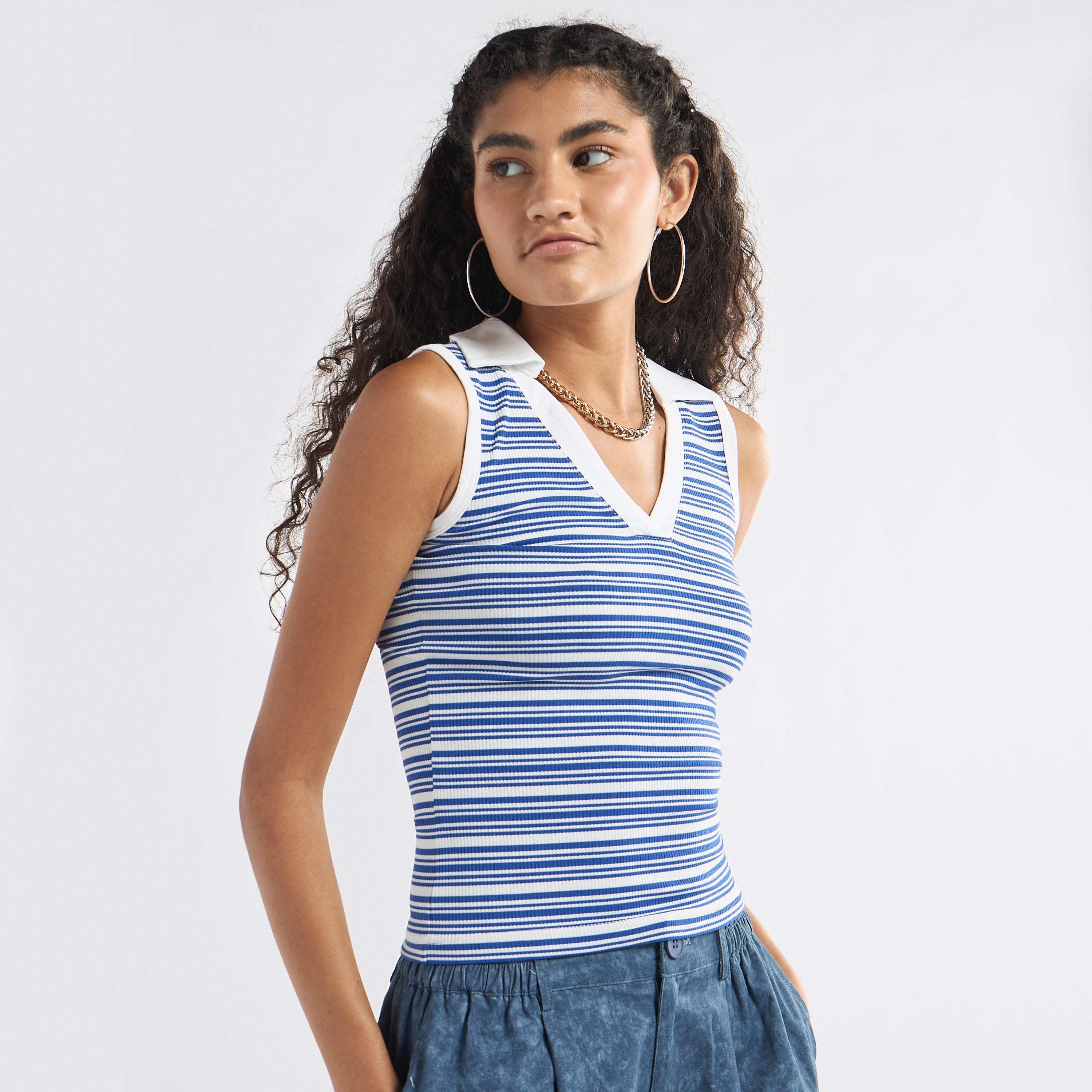 Striped Collared Sleeveless Top-women-clothing-tshirts-image-1