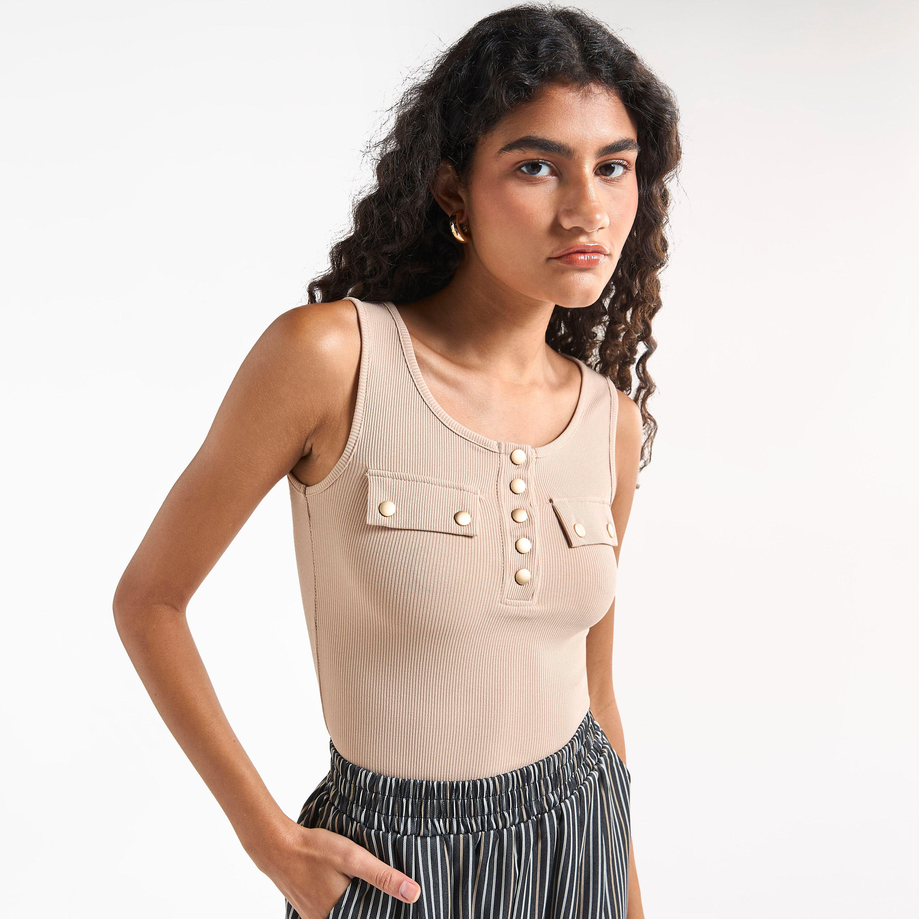 Ribbed Tank Top with Round Neck and Flap Detail-women-clothing-tshirts-image-9