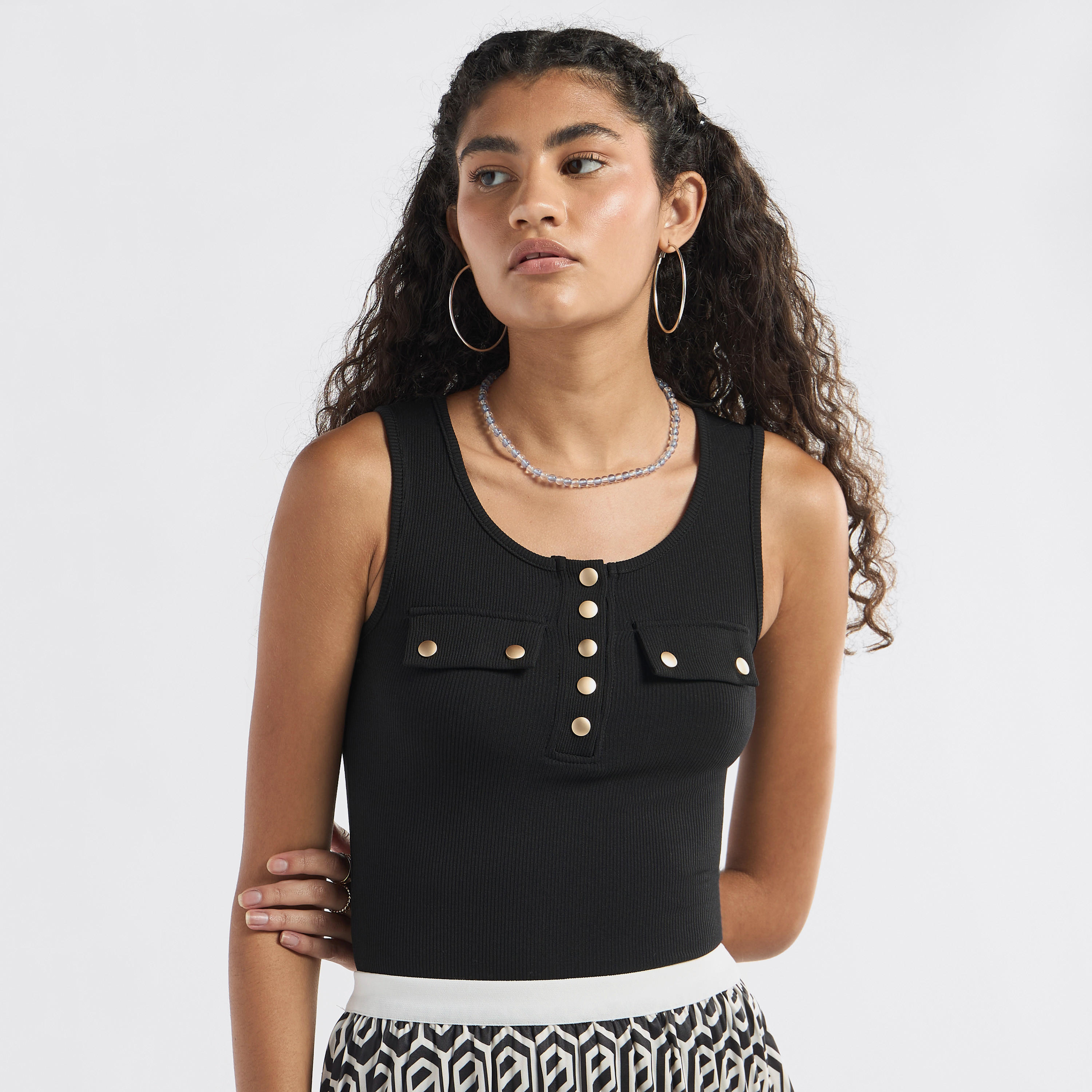 Ribbed Tank Top with Round Neck and Flap Detail-women-clothing-tshirts-image-1