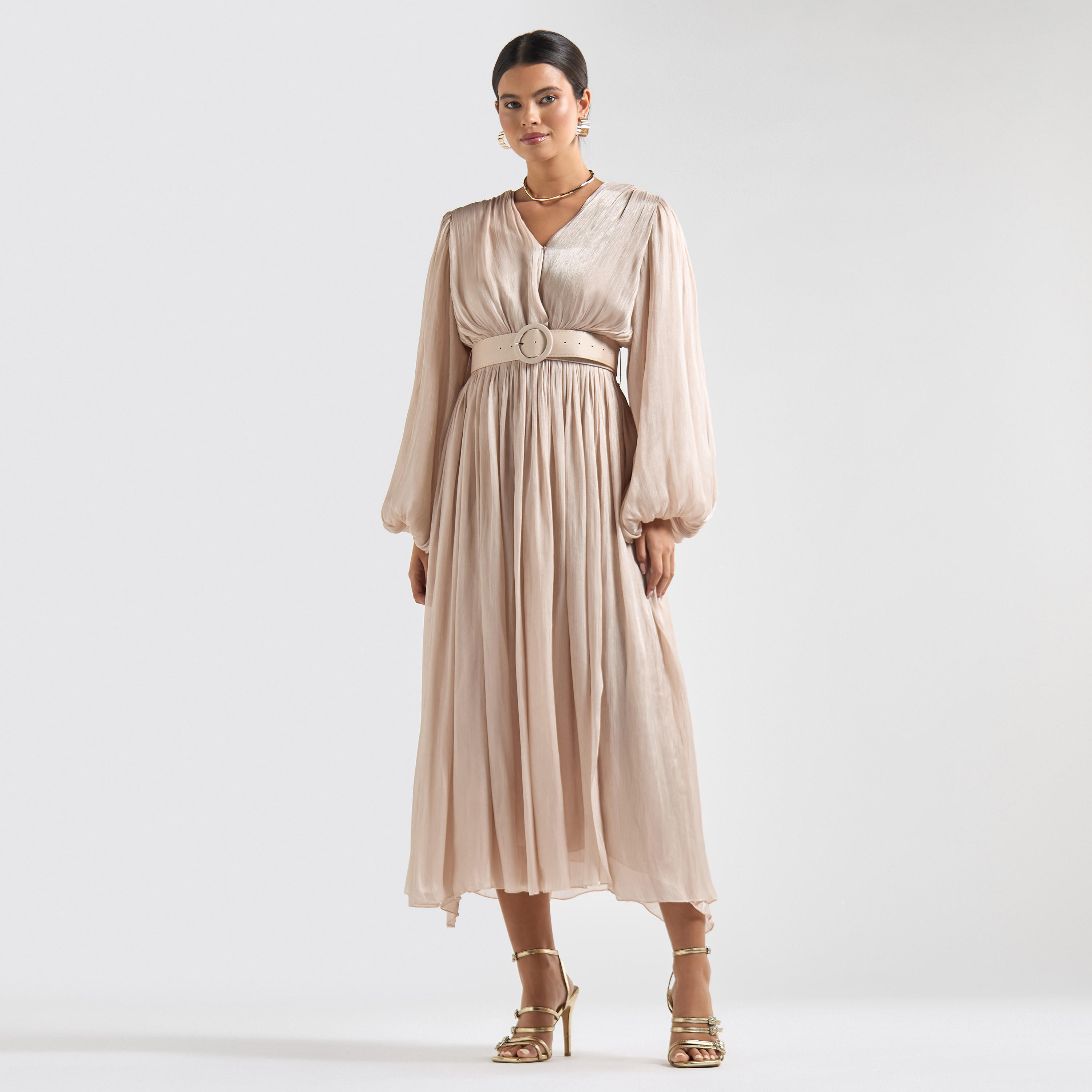 فستان ميدي بارز الملمس بياقة V وأكمام طويلة منفوخة وحزام-women-clothing-dresses-image-1