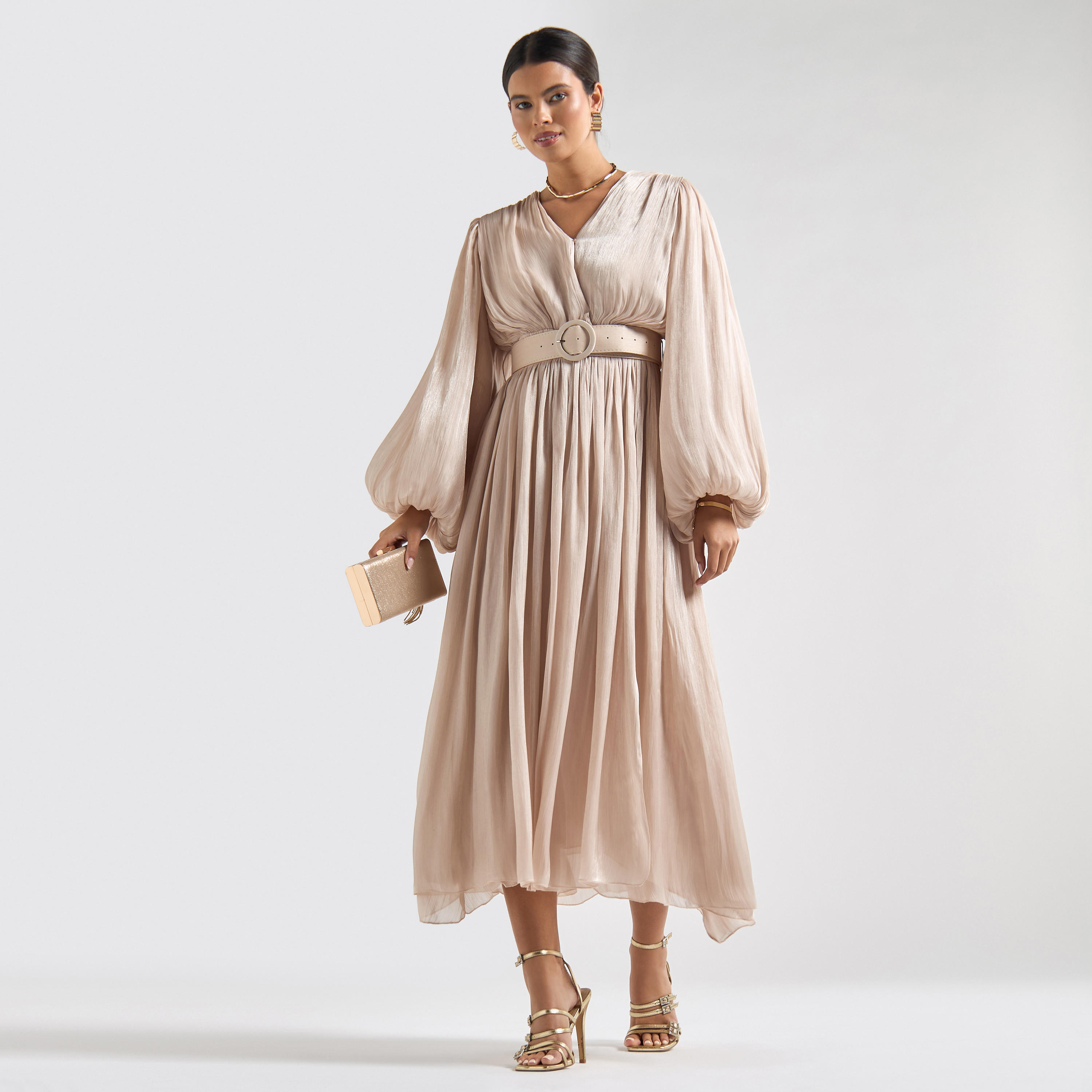 فستان ميدي بارز الملمس بياقة V وأكمام طويلة منفوخة وحزام-women-clothing-dresses-image-2