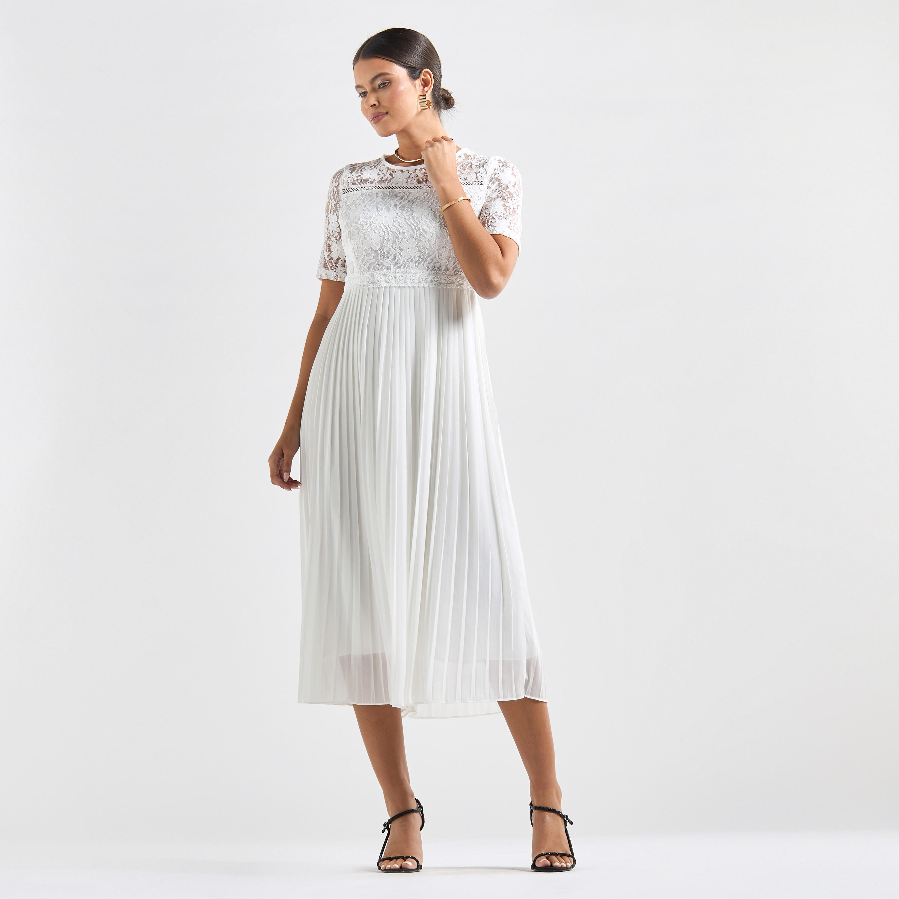 فستان ميدي إيه لاين بياقة مستديرة وتفاصيل دانتيل وكسرات-women-clothing-dresses-image-1