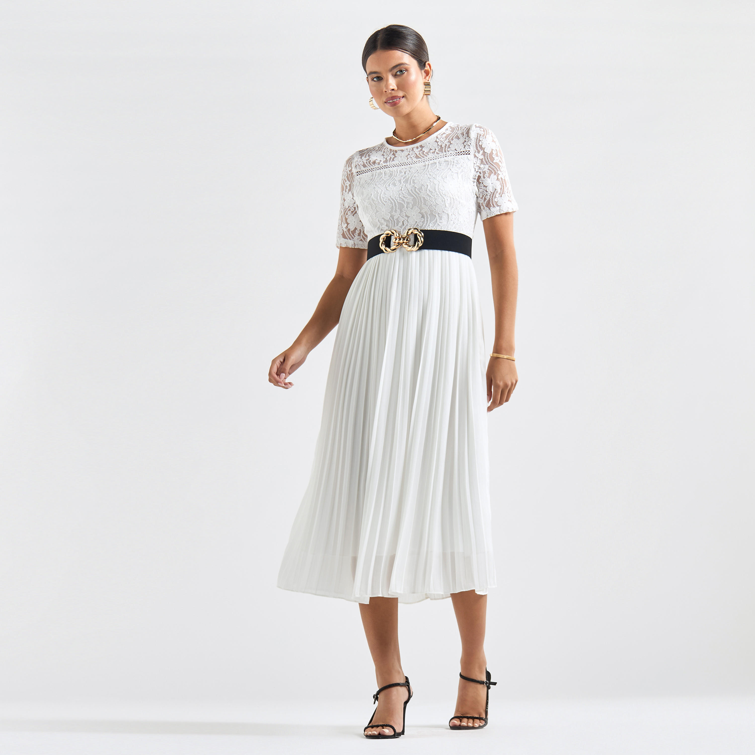 فستان ميدي إيه لاين بياقة مستديرة وتفاصيل دانتيل وكسرات-women-clothing-dresses-image-2