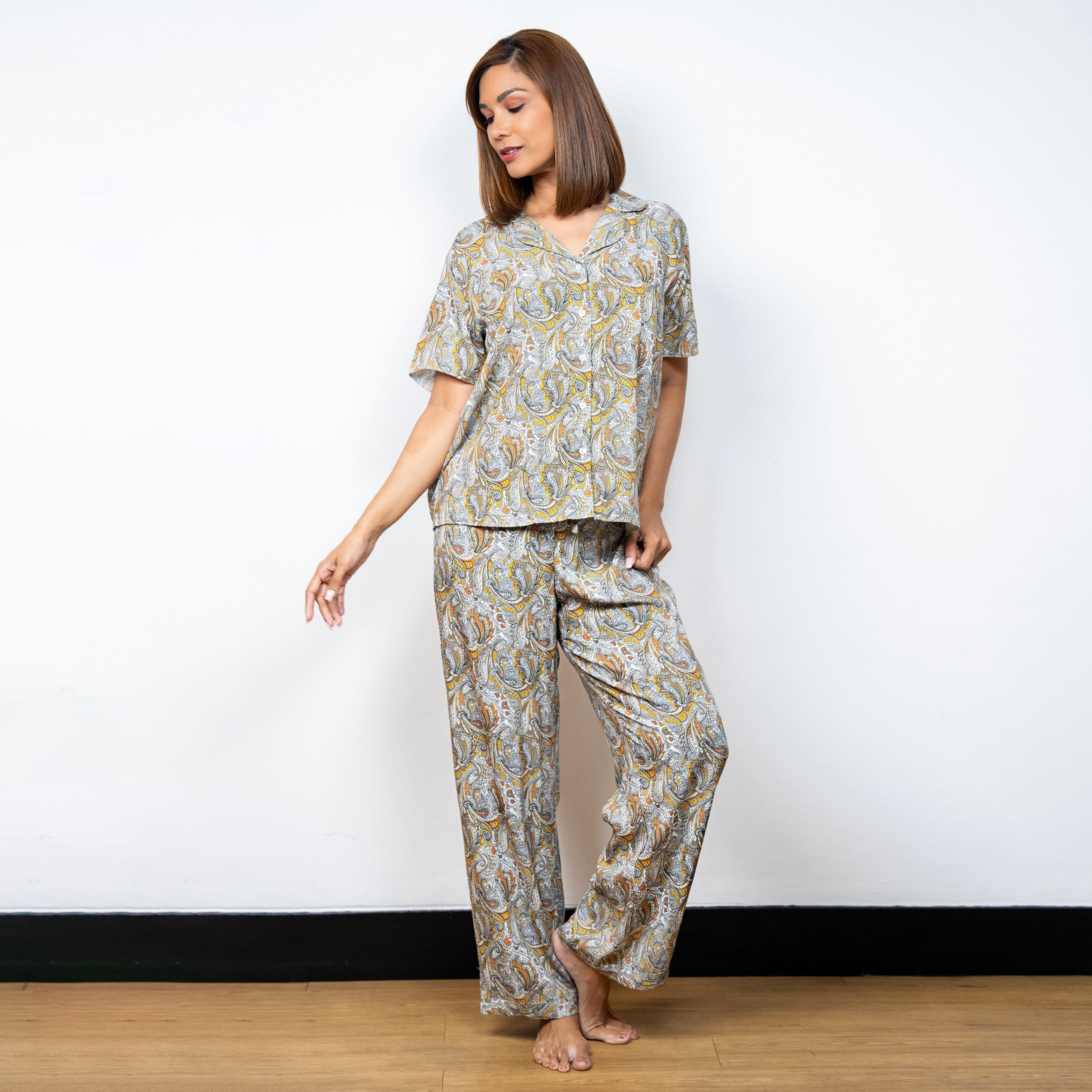 Aadaraya Printed Short Sleeve Shirt and Elasticated Pyjama Set-women-clothing-nightwear-pyjamas-longsets-image-1
