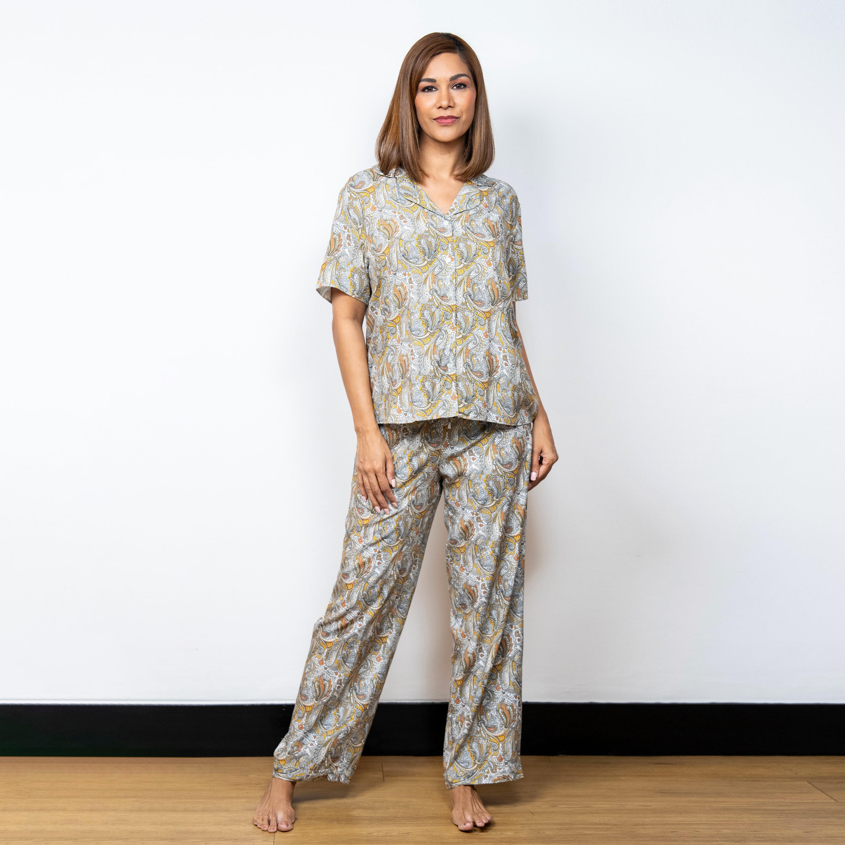 Aadaraya Printed Short Sleeve Shirt and Elasticated Pyjama Set-women-clothing-nightwear-pyjamas-longsets-image-2
