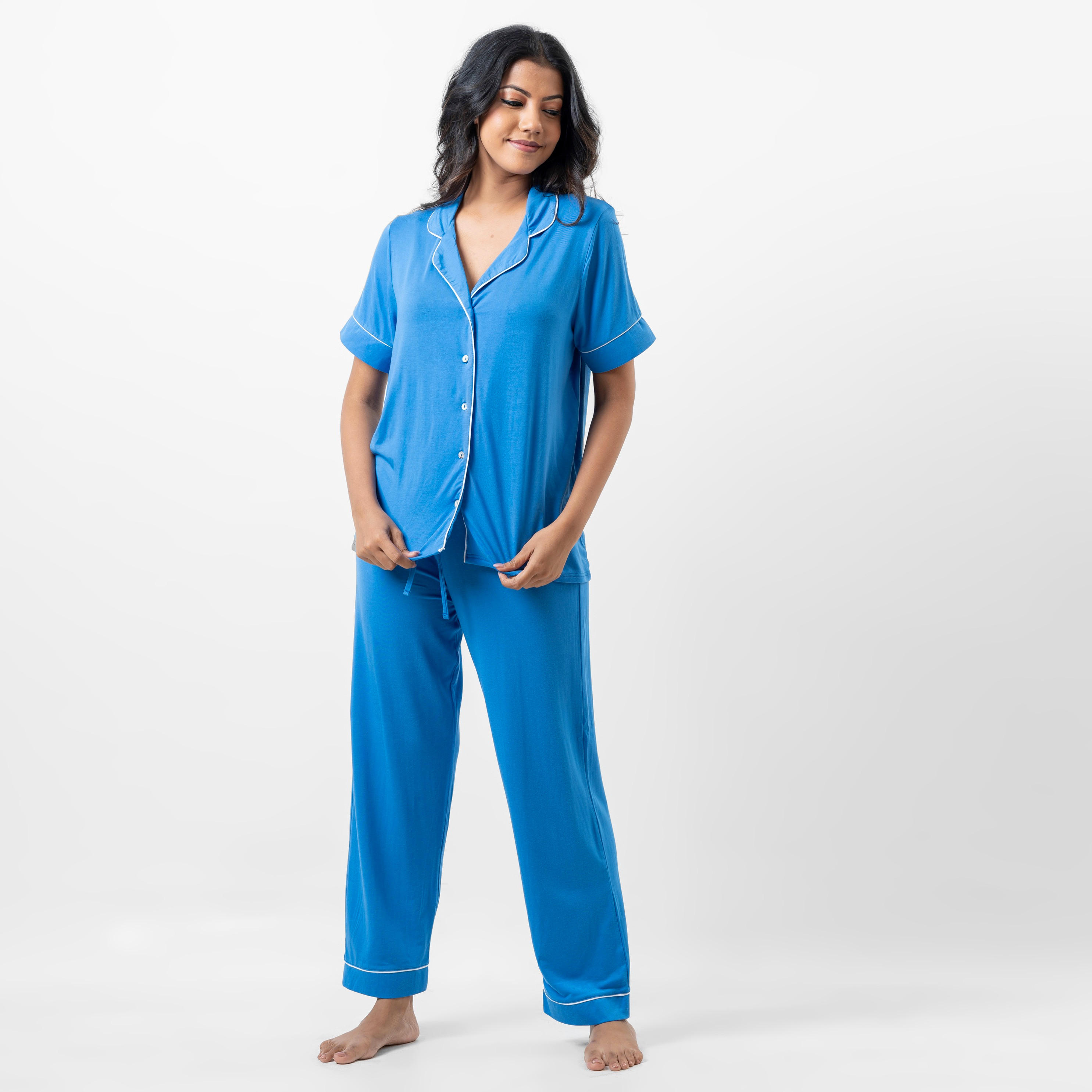 طقم قميص سادة بأكمام قصيرة وبنطلون بيجاما بخصر مطاطي من آدارايا-women-clothing-nightwear-pyjamas-longsets-image-3