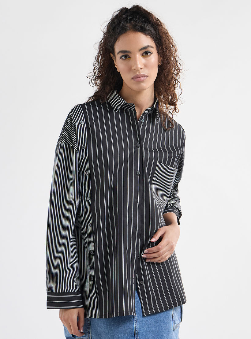 قميص مخطط بقصّة عادية وياقة وأكمام طويلة وجيب على الصدر-women-clothing-shirtsandblouses-shirts-image-1