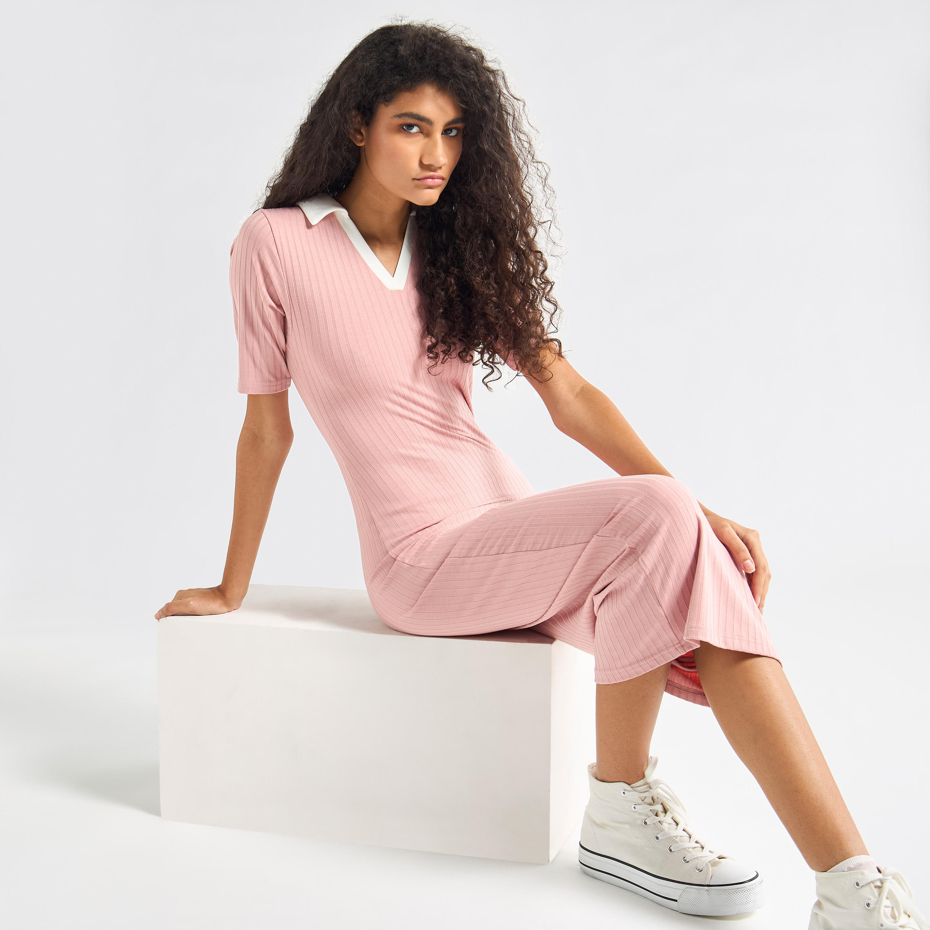 Striped Bodycon Dress with Collar and Short Sleeves-women-clothing-dresses-image-6