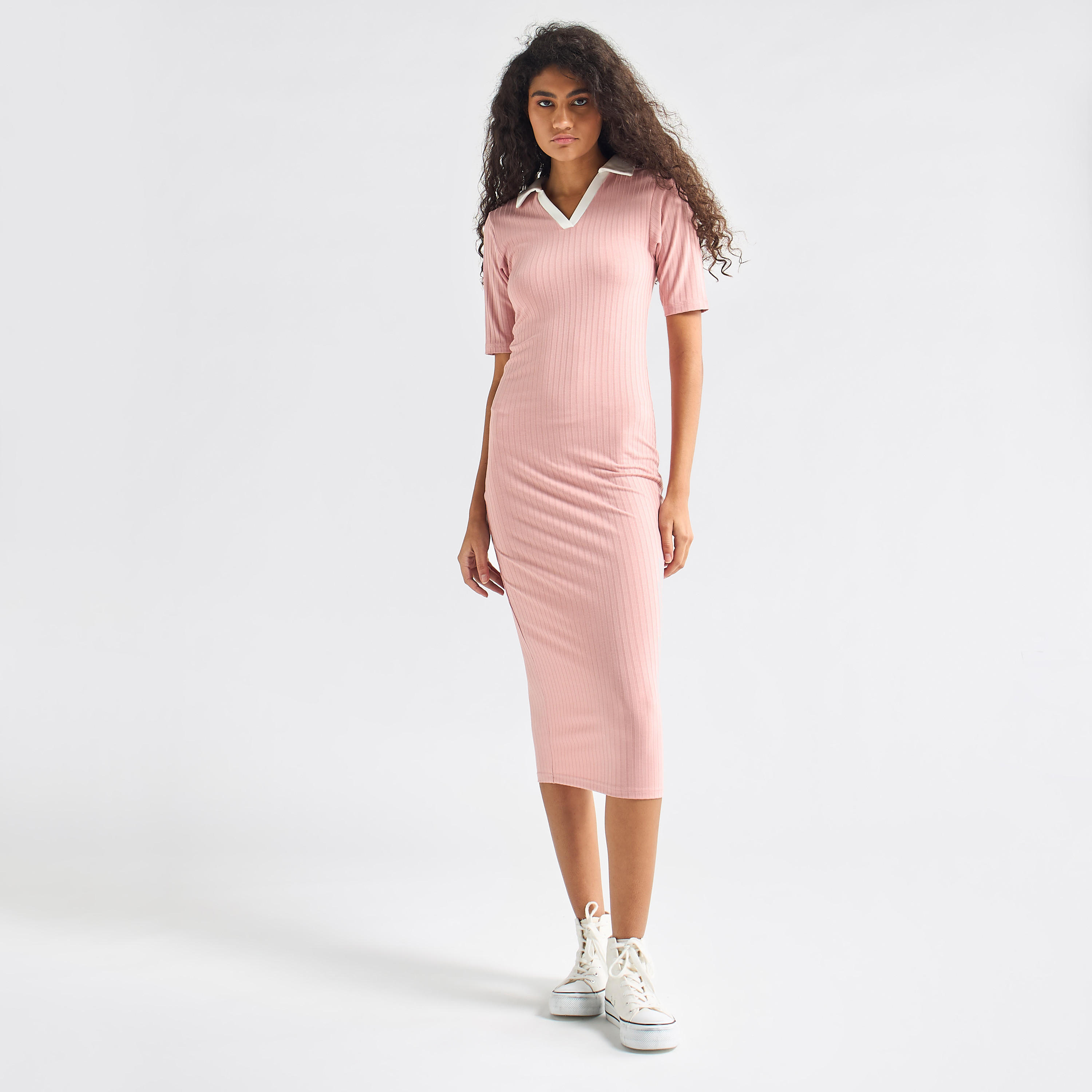 Striped Bodycon Dress with Collar and Short Sleeves-women-clothing-dresses-image-5