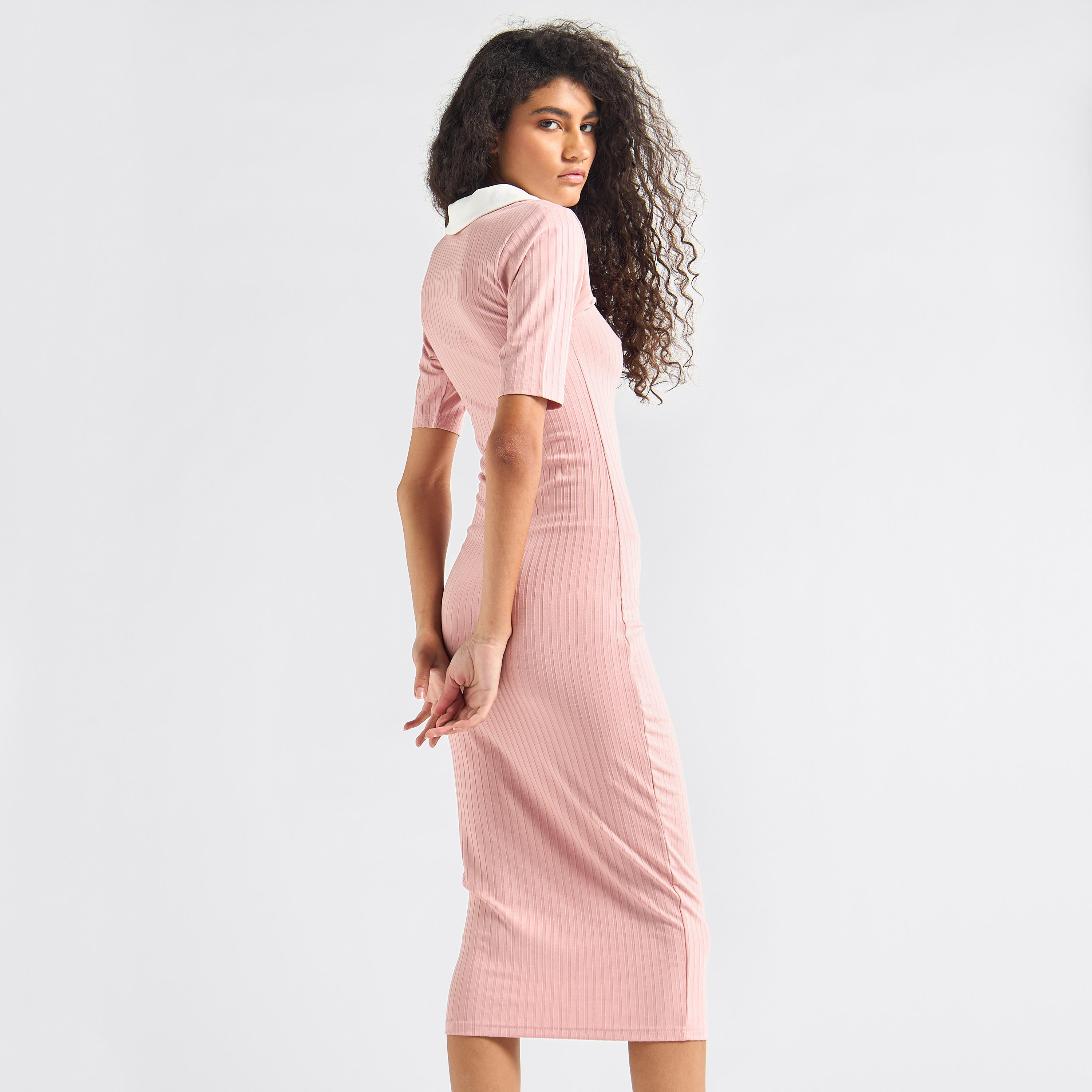 Striped Bodycon Dress with Collar and Short Sleeves-women-clothing-dresses-image-7