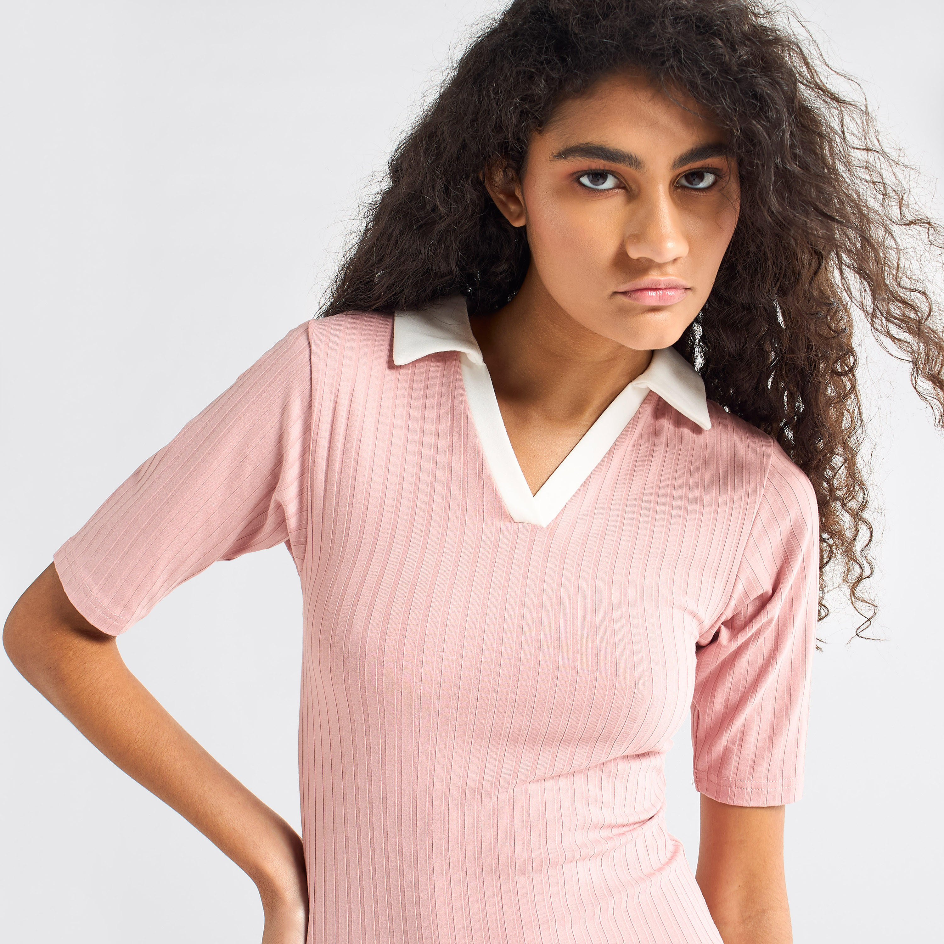 Striped Bodycon Dress with Collar and Short Sleeves-women-clothing-dresses-image-8