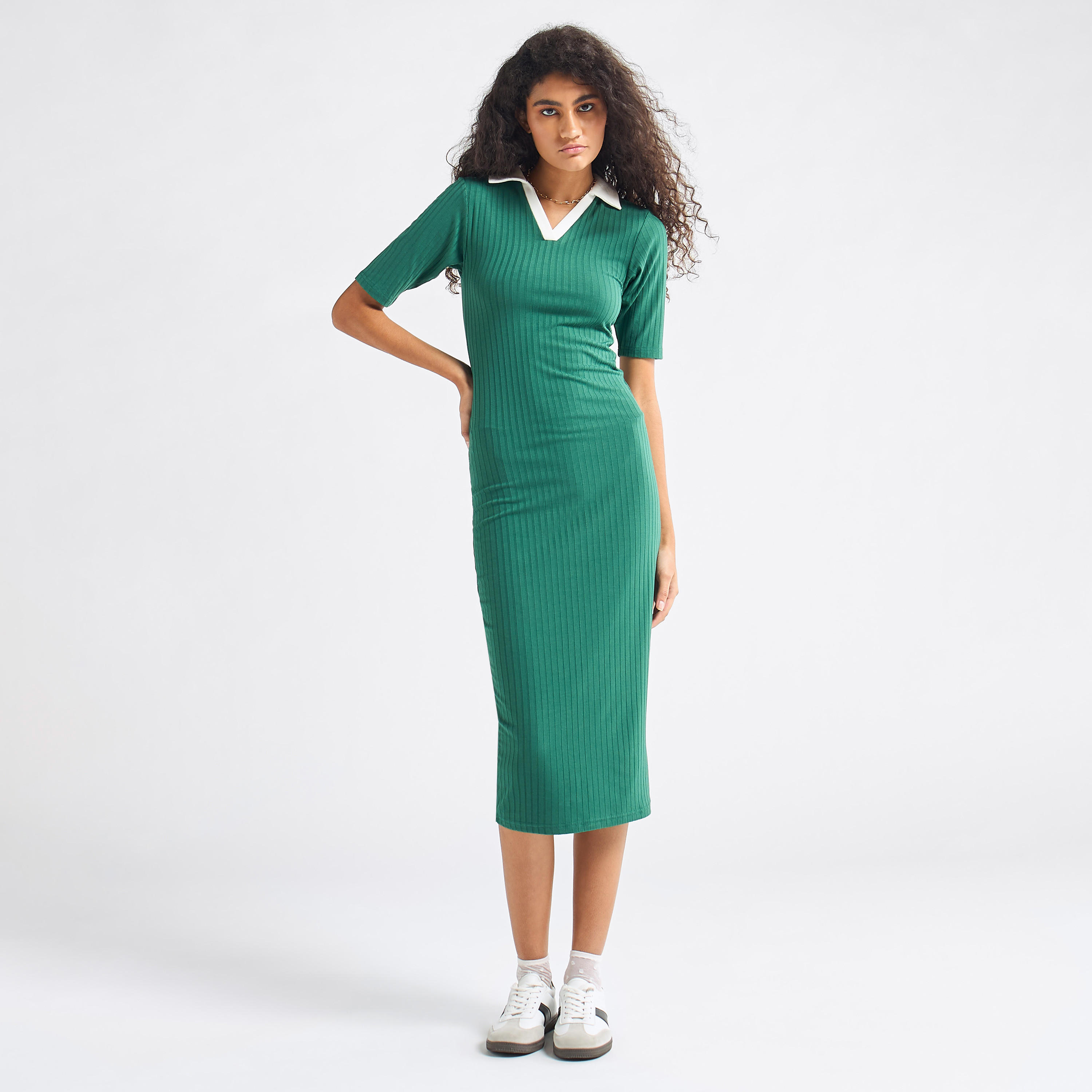 Striped Bodycon Dress with Collar and Short Sleeves-women-clothing-dresses-image-14