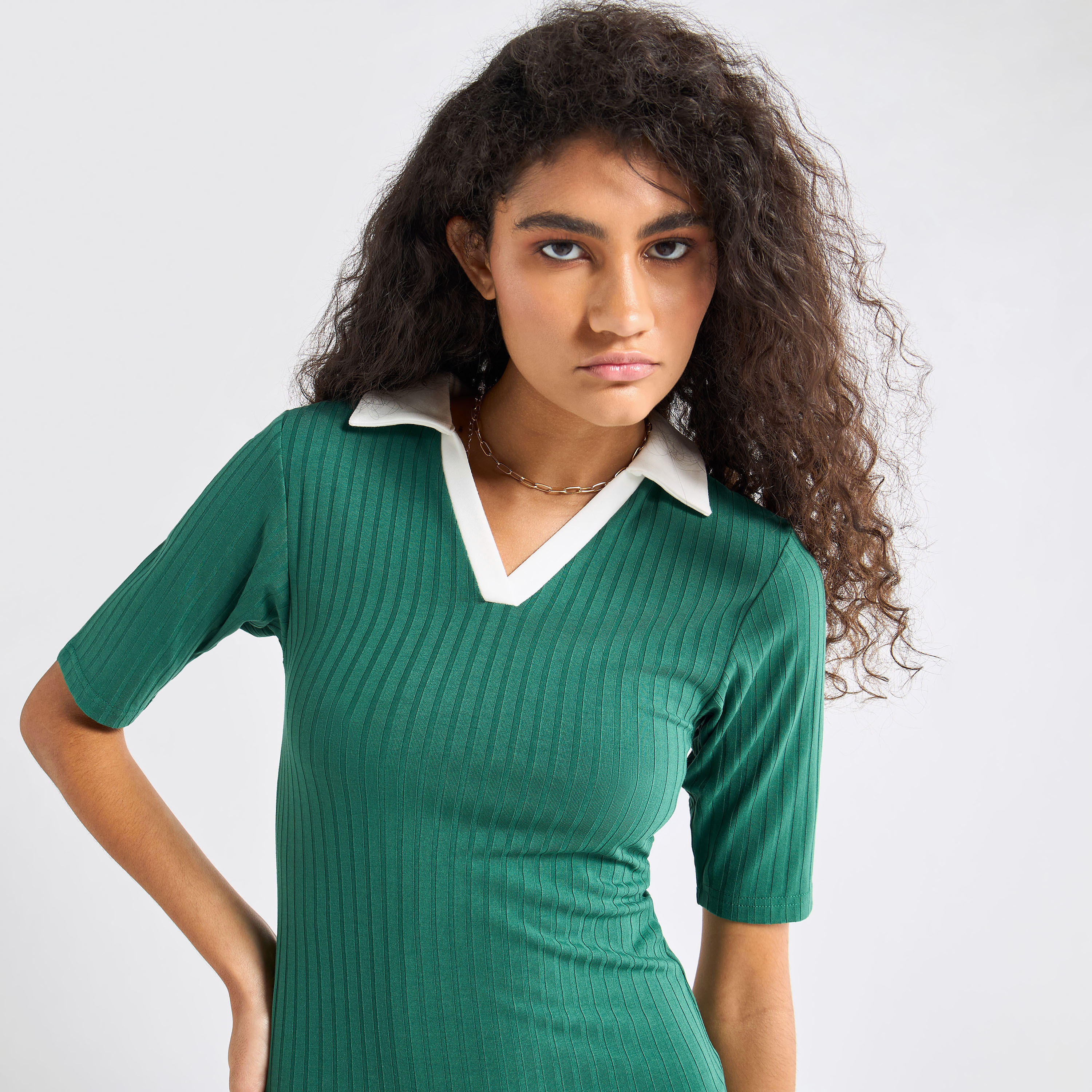 Striped Bodycon Dress with Collar and Short Sleeves-women-clothing-dresses-image-17
