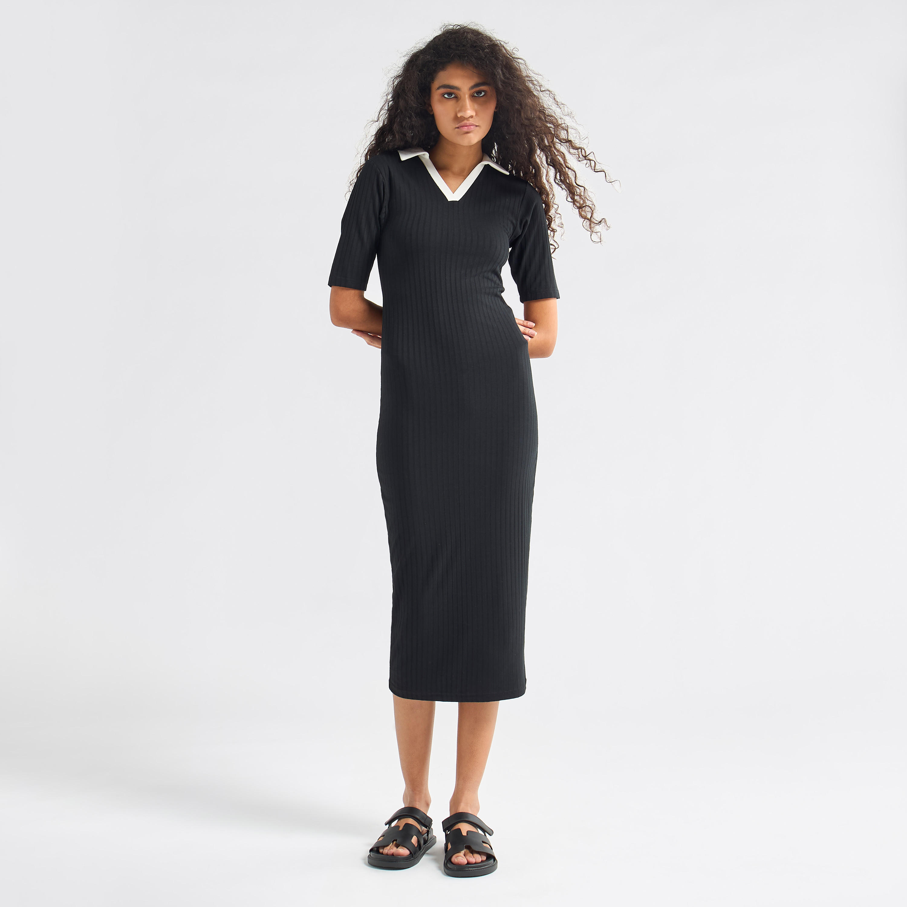Striped Bodycon Dress with Collar and Short Sleeves-women-clothing-dresses-image-1