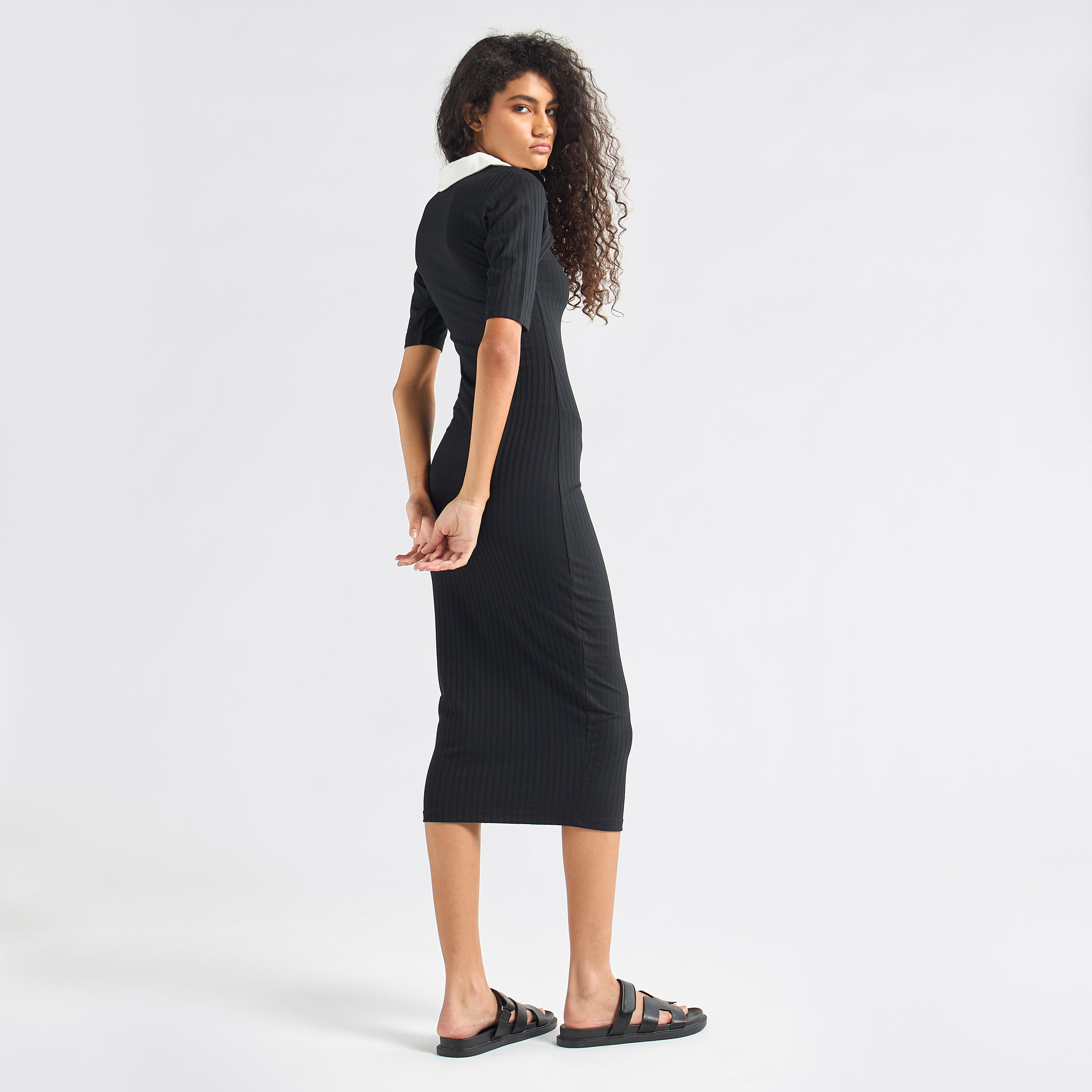 Striped Bodycon Dress with Collar and Short Sleeves-women-clothing-dresses-image-3